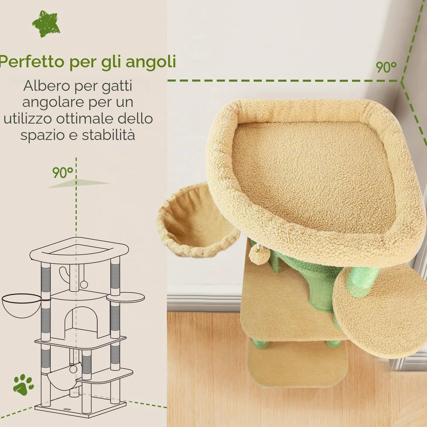 Globlazer Albero Tiragraffi ad Angolo Cactus Verde, Tiragraffi per Gatti Spigolo Alto 130 cm con Grandi Piattaforma, Curva Grotte, Amaca, Cesto, Torre per Gatto per 2-4 Gatti Adulti (C51, Verde)