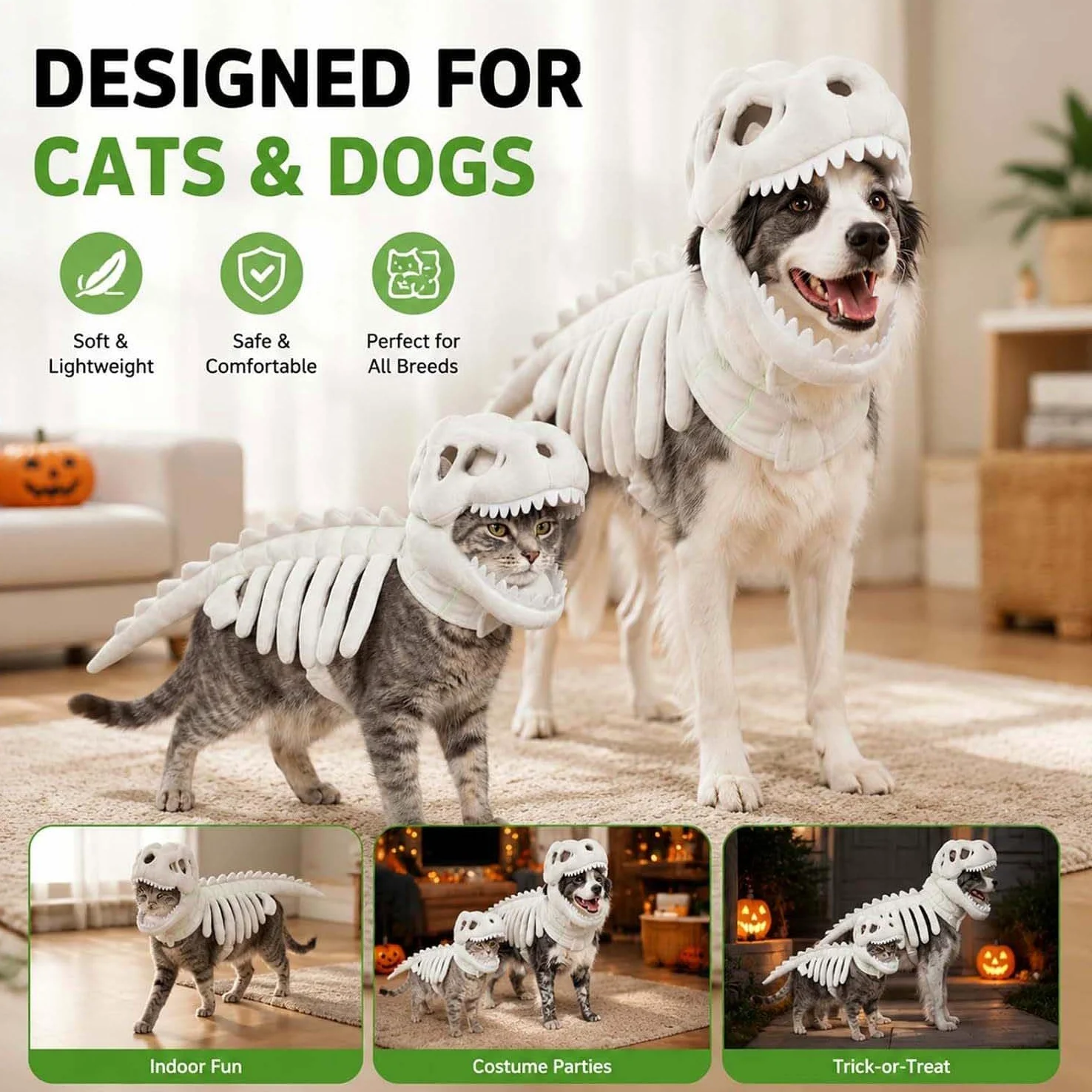 Dog Cat Pet Dinosaur Skeleton Costume,Funny Halloween Costumes，Green：XXL | Prehistoric Bone Pet Clothes with Dino Head Cover and Back,Pet Cosplay Outfits For Party Supplies,Medium Large Dogs Cats