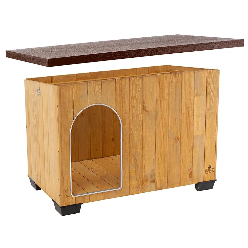 Ferplast Baita 100 Casetta per Cani in Legno FSC - Tetto Apribile, Impermeabile & Anti-UV - Spiovente, con Chiusura - Porta Antimorso in Alluminio - Piedi Isolanti - 121 x 78 x h 78,5 cm
