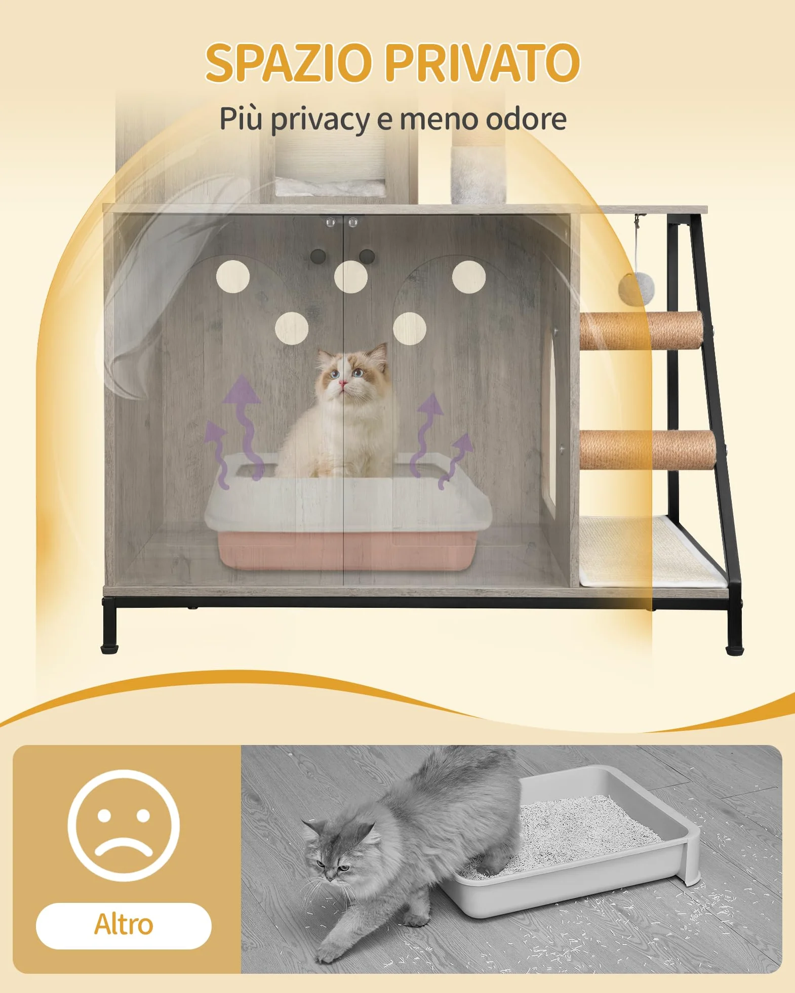Hzuaneri Mobile Lettiera per Gatti, Cuccia per Gatti 4 in 1 Con Grande Piattaforma, Cuccia per Gatto Con Tappetino Antigraffio in Sisal, Pali, Scale E Pompon, Cuscini Lavabili, Grigio CB81005B