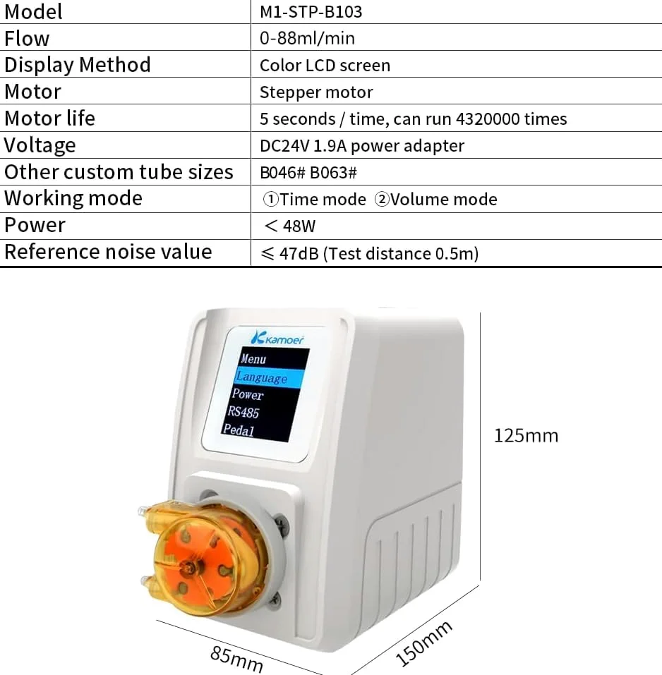 Kamoer M1-STP - Pompa a tubo intelligente 24 V, motore passo-passo regolabile, con flusso basso e controllo per acquari da laboratorio 0-88 ml/min