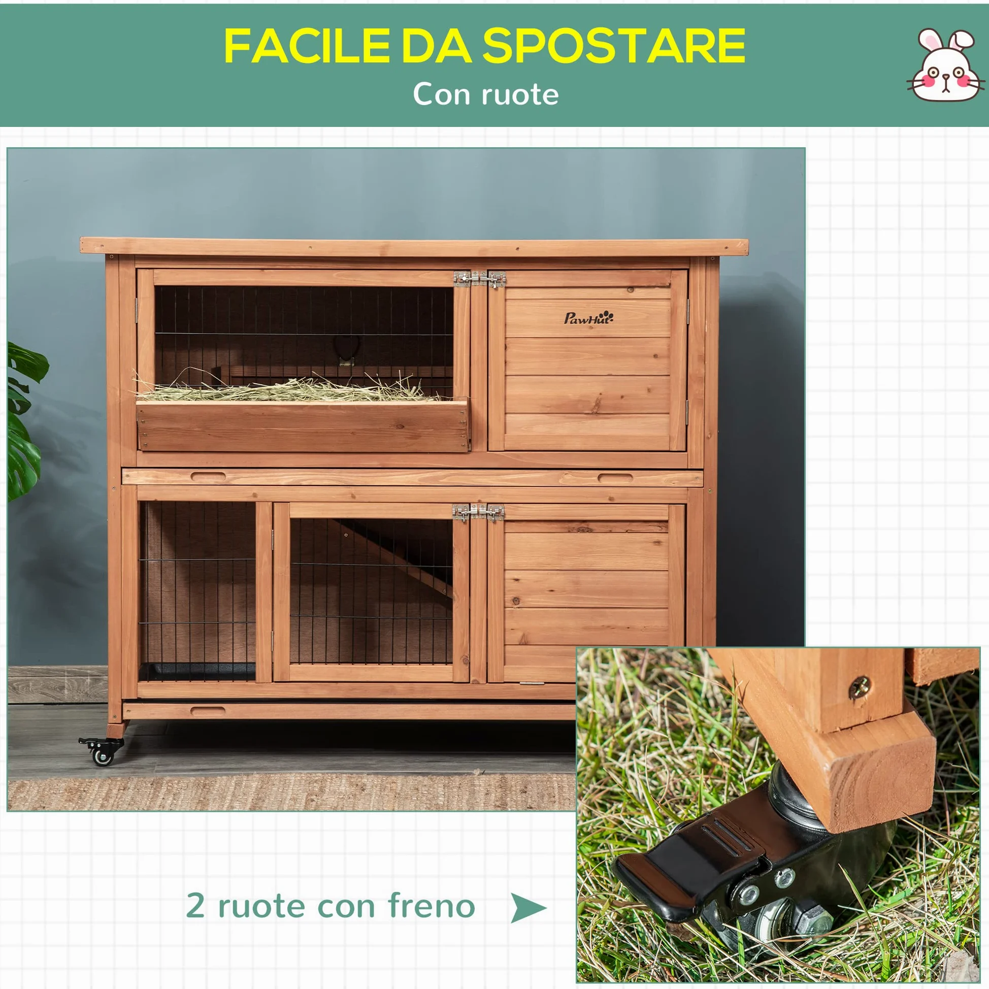 PawHut Conigliera in Legno a 2 Livelli con Ruote, Casetta per Conigli e Porcellini d'India con Vassoio Estraibile e Rampa, Arancione,122x50x101cm
