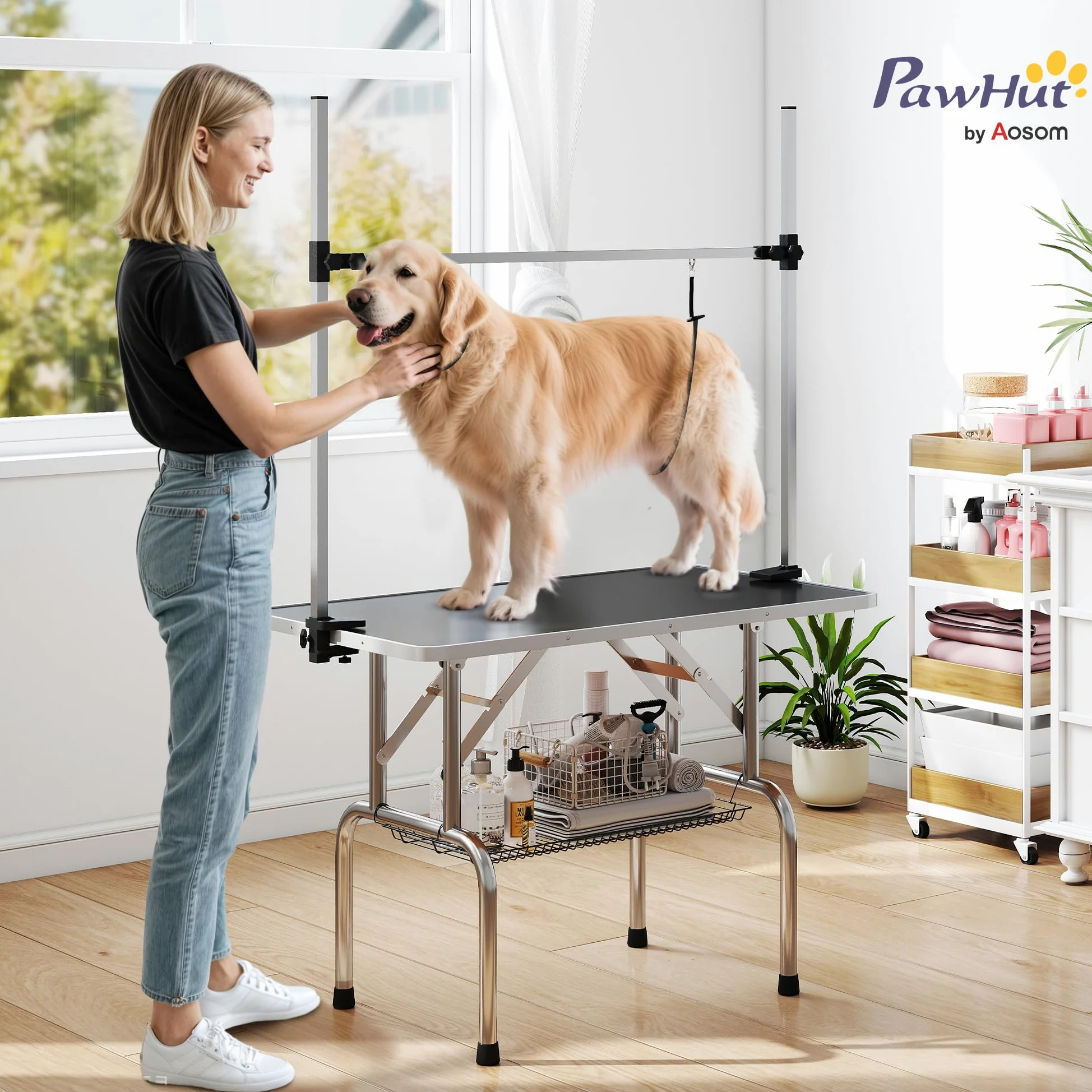 PawHut Tavolo da toelettatura per animali domestici Tavolo da toelettatura pieghevole con portaoggetti Telaio in acciaio Altezza regolabile 20-80 cm 107x60x170 cm Nero