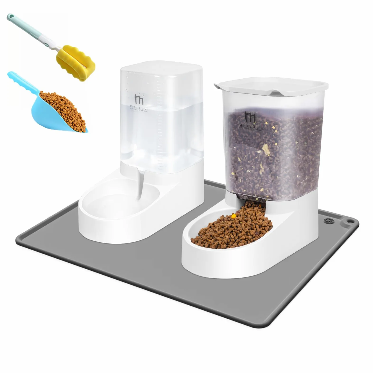Marchul Dosatore di cibo e acqua per Gatti, Cani, Automatico, Dispenser di Crocchette e Acqua per Animali Domestici (3.8L + Cuscinetto in silicone)