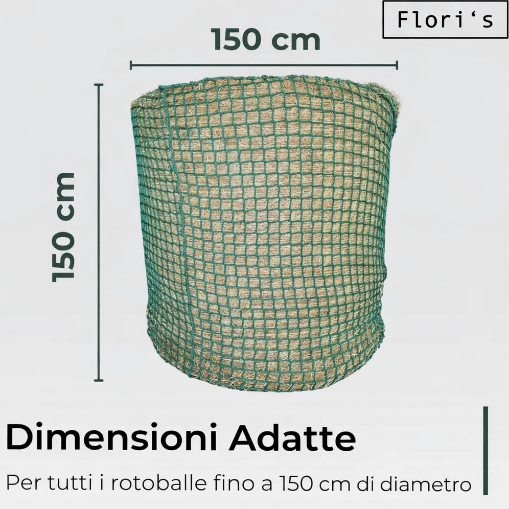 Flori's® Rete da Fieno per Balle Tonde – Ø 150 cm, Altezza 150 cm – Maglia 4,5 x 4,5 cm – Rete da Fieno Stabile per Cavalli per un'alimentazione Naturale - Rete per Balle Tonde per Fieno, Rete da