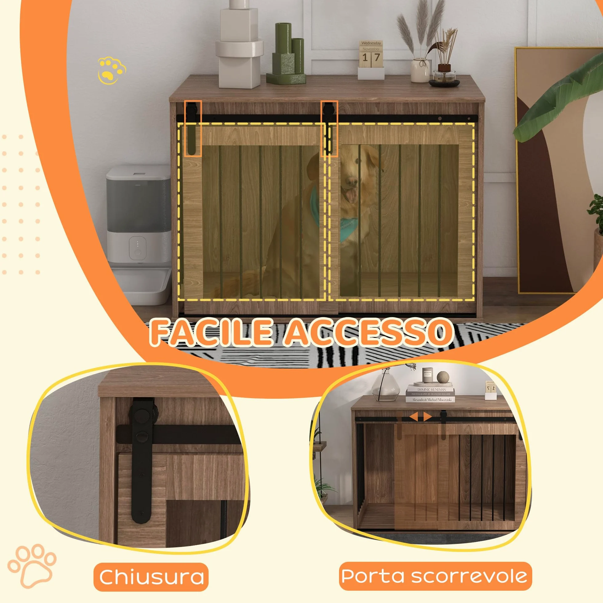 PawHut Casetta per Cani Grandi in Legno per Interno, Kennel per Cani Multiuso con Porta Scorrevole, 98x58x61 cm, Marrone