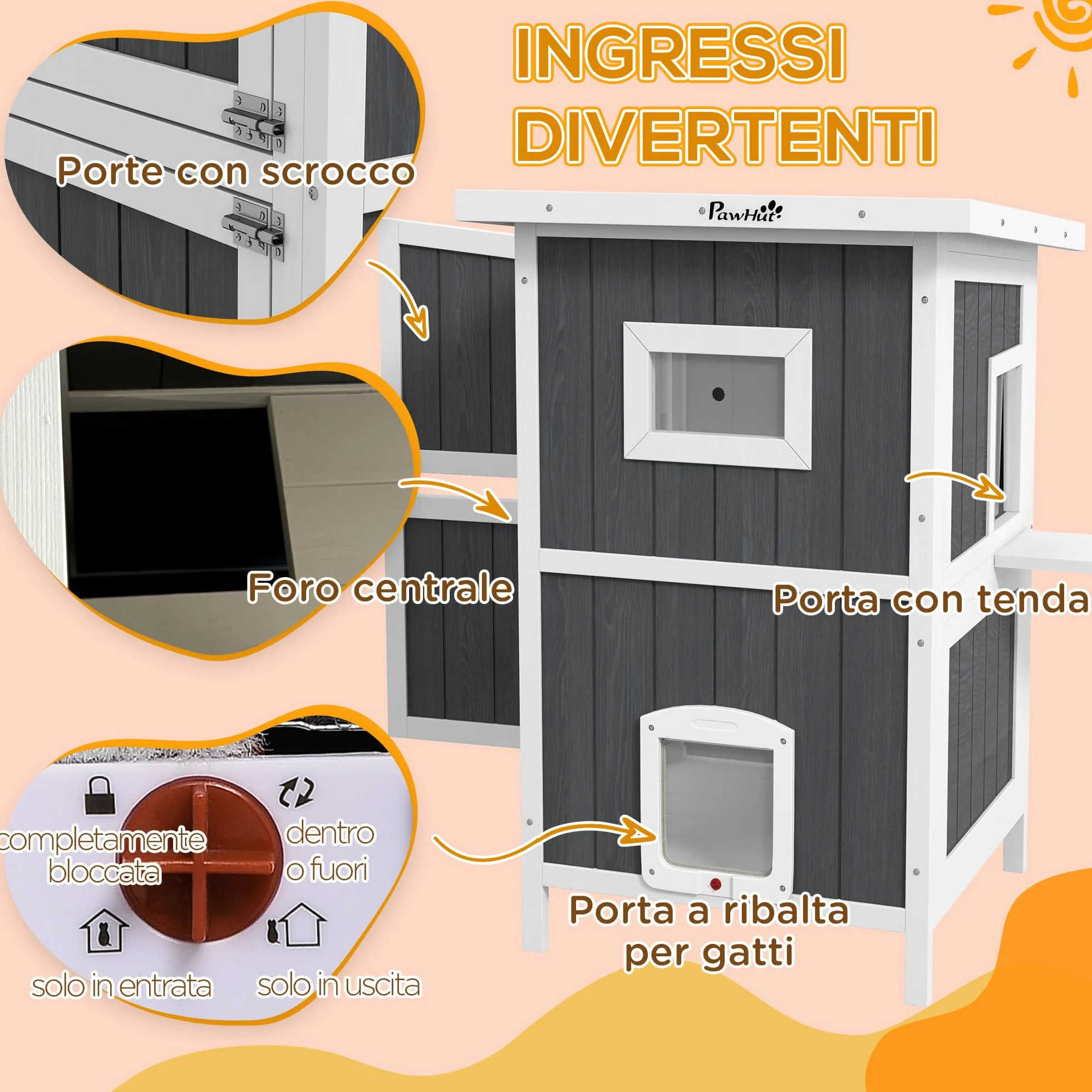 PawHut Cuccia Gatto Esterno in Legno di Abete a 2 Piani, Casetta per Gatti da Esterno con Tetto Apribile e Impermeabile, 60x60x90.5cm