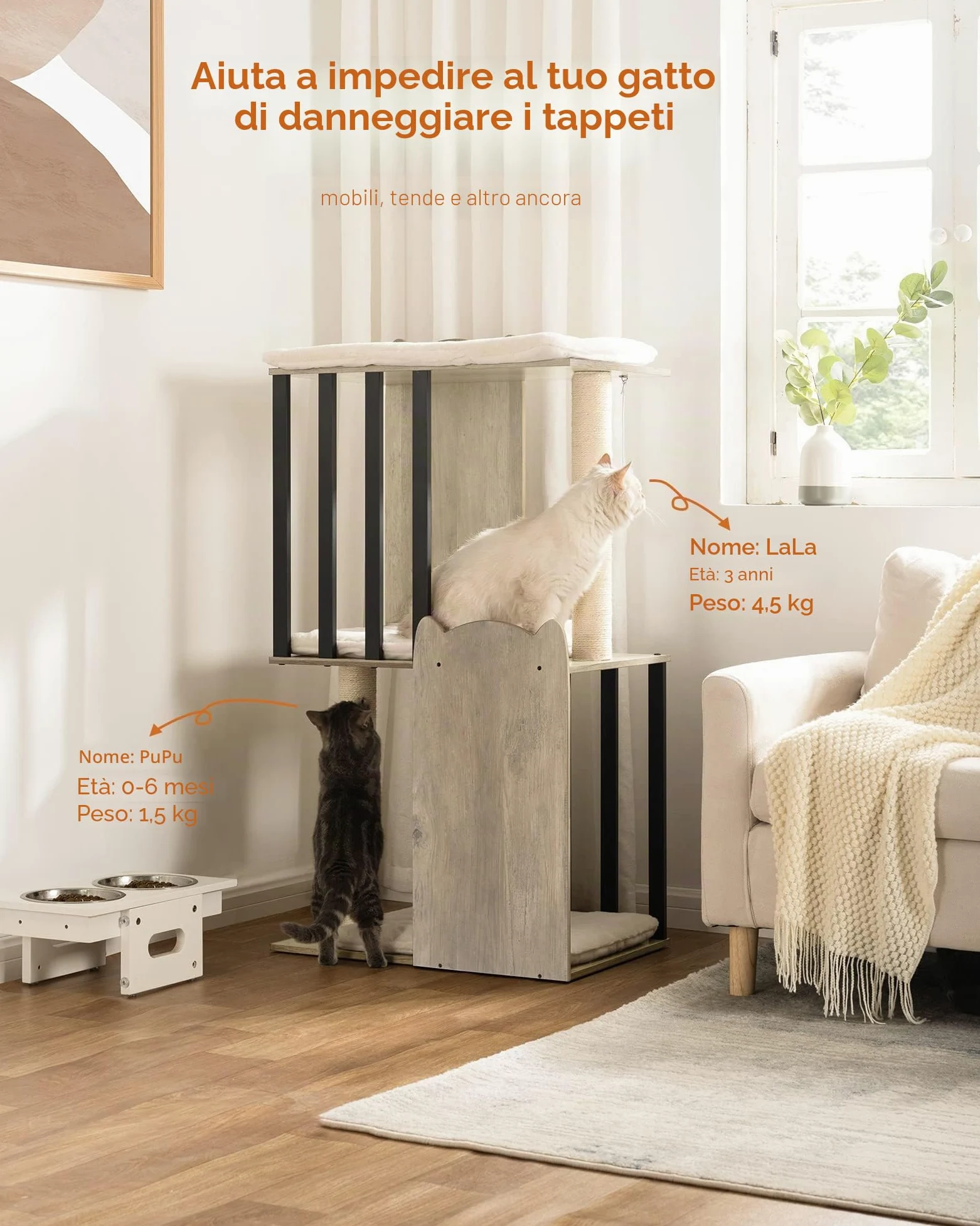 FourFurPets 3-Tier Modern Albero per Gatti Alto 111 cm, Tiragraffi per Gatti, con 2 Pali Graffiatoi in sisal, 3 Piattaforma Grande, Pompon, Greige