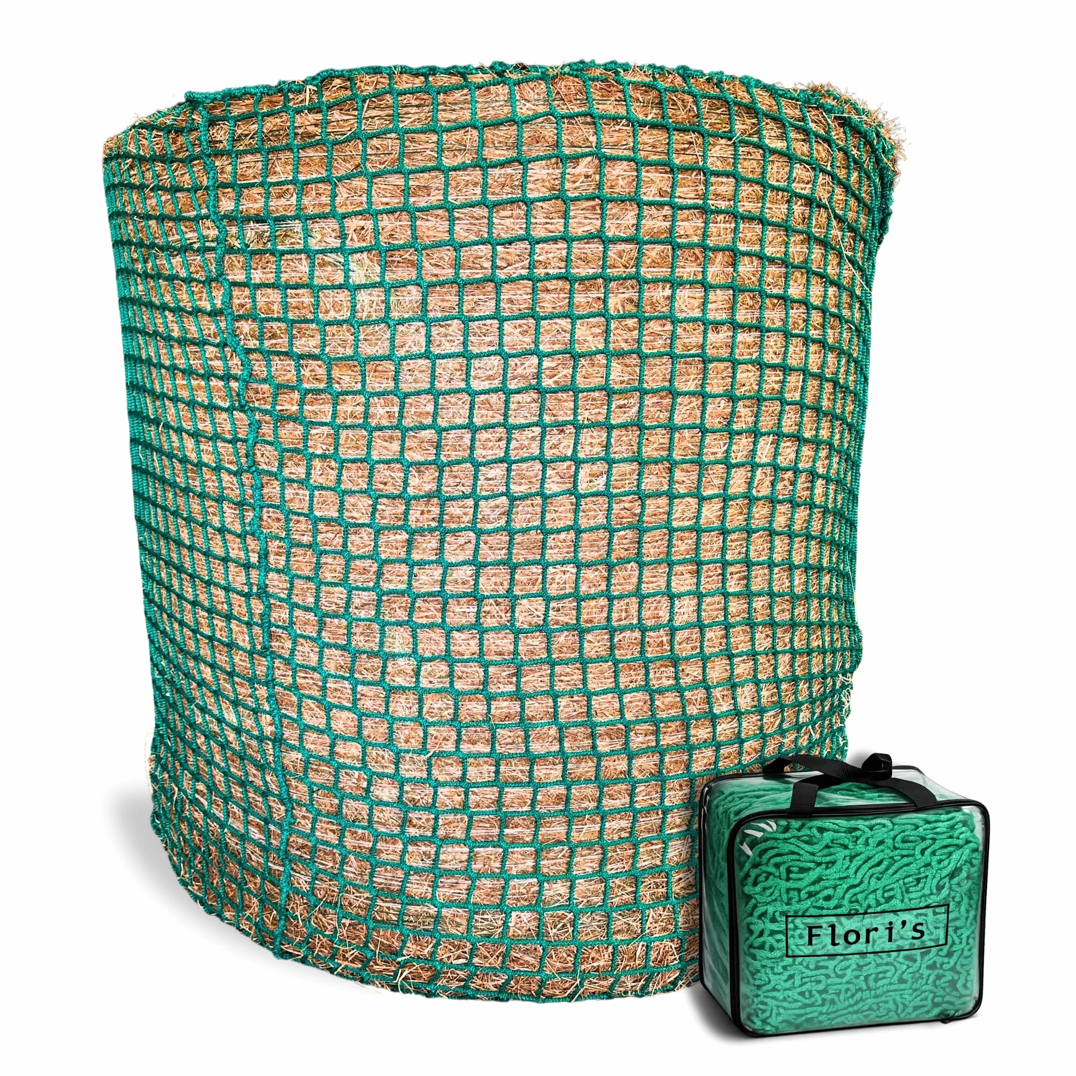 Flori's® Rete da Fieno per Balle Tonde – Ø 150 cm, Altezza 150 cm – Maglia 4,5 x 4,5 cm – Rete da Fieno Stabile per Cavalli per un'alimentazione Naturale - Rete per Balle Tonde per Fieno, Rete da