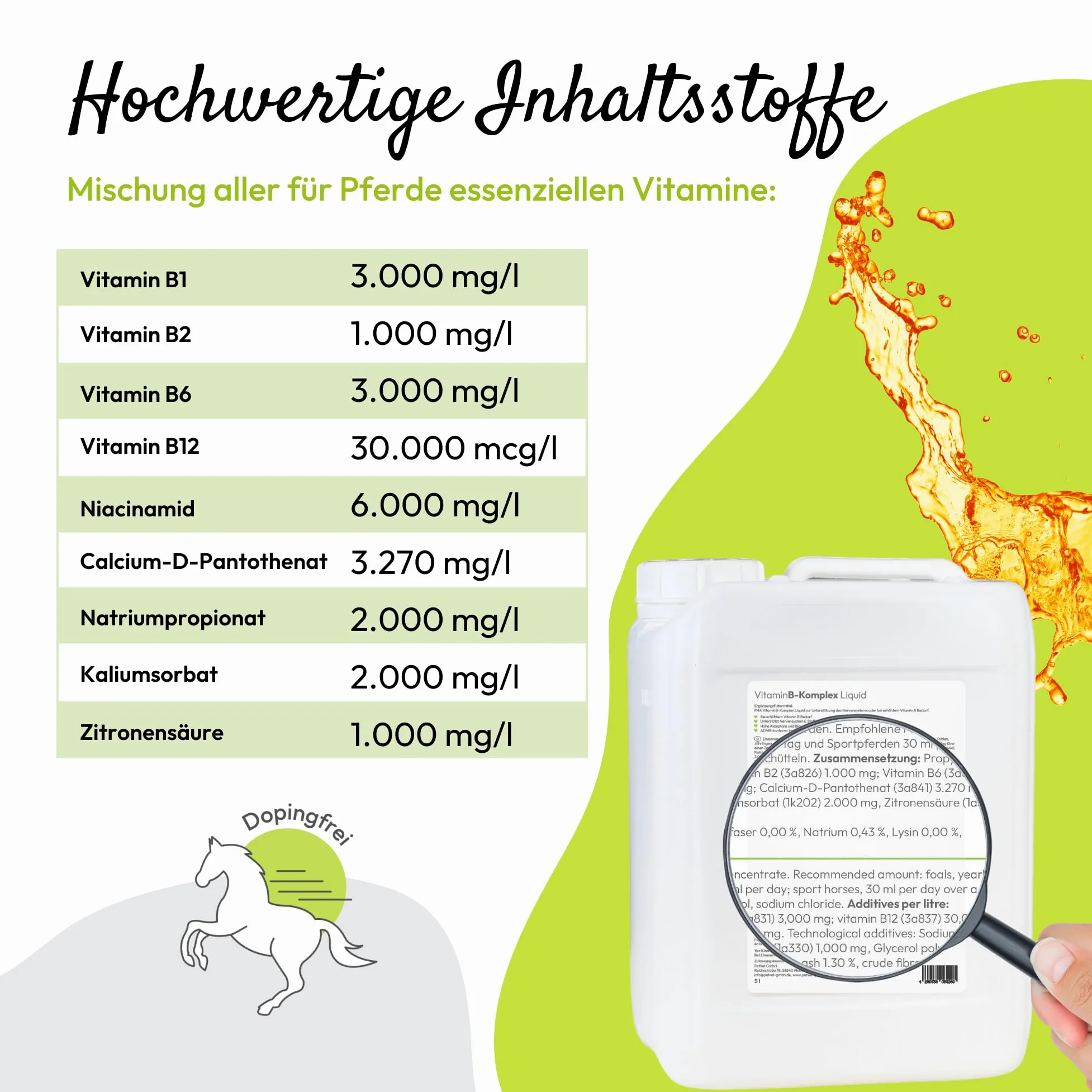 PHA Vitamina B complesso cavallo: supporta nervi, zoccoli, pelo e metabolismo, liquido anti-stress per cavalli, per lenire, vitamine B 5 l