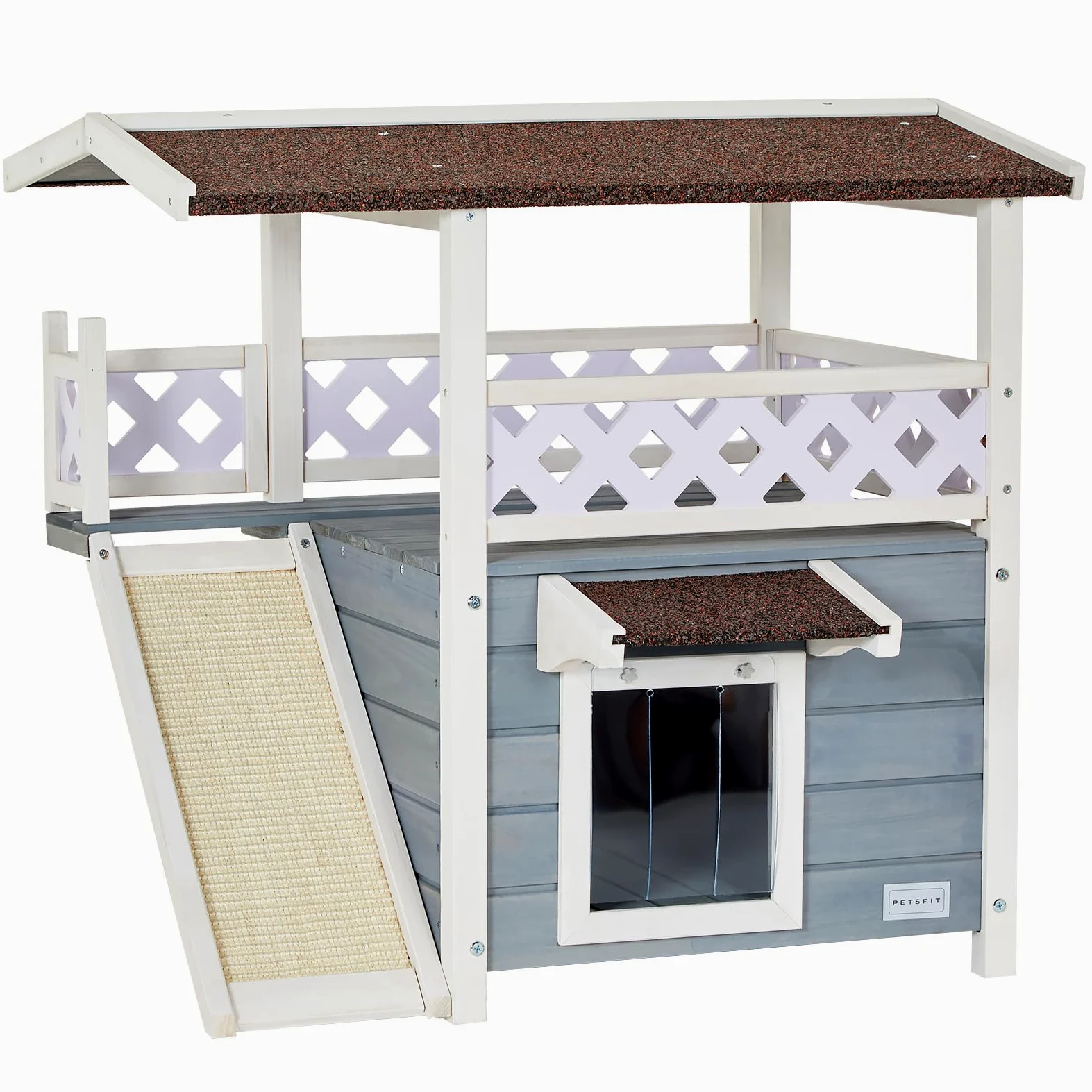 Petsfit Casetta per Gatti in Legno, con Tetto Asfalto, Cuccia per Gatto da Esterno (Grigio con tiragraffi, 76x56x72.4cm)