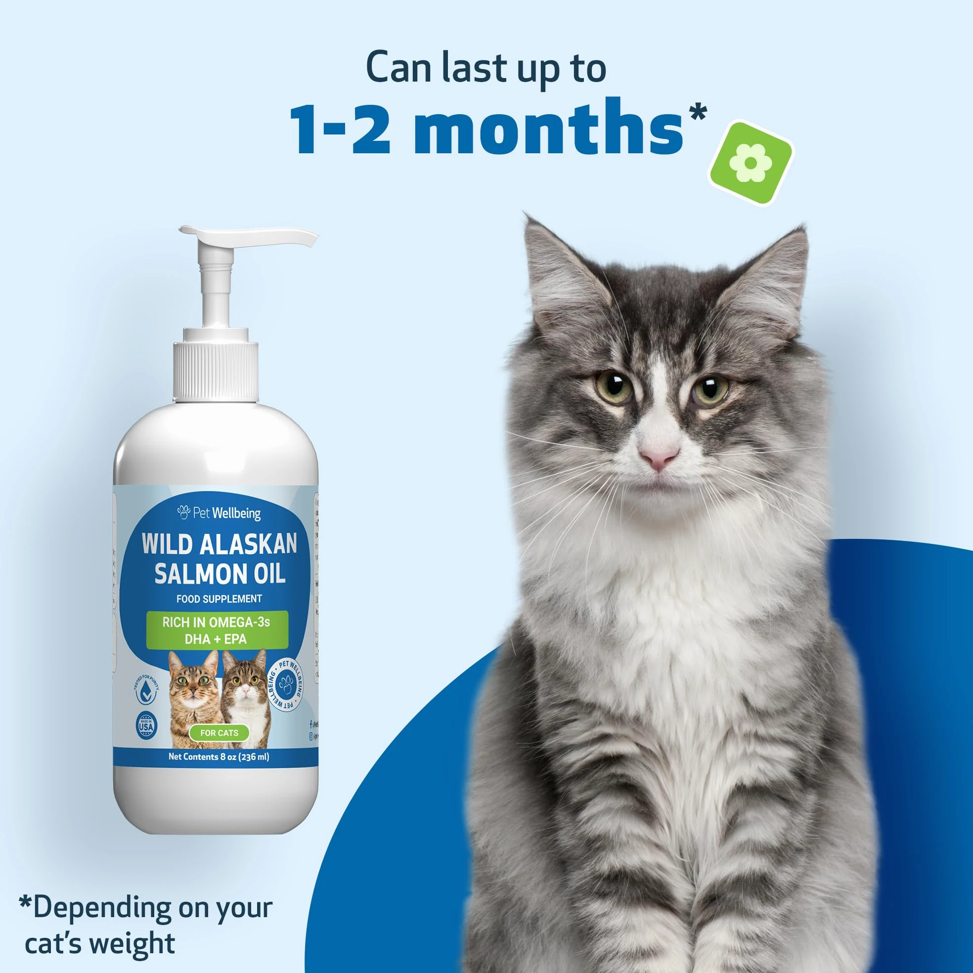 Pet Wellbeing Olio di salmone selvatico dell'Alaska per gatti, olio di pesce omega-3 catturato in natura, lavorato a freddo, per pelo e pelle sani, mobilità e forza articolari, EPA, DHA, 236 ml