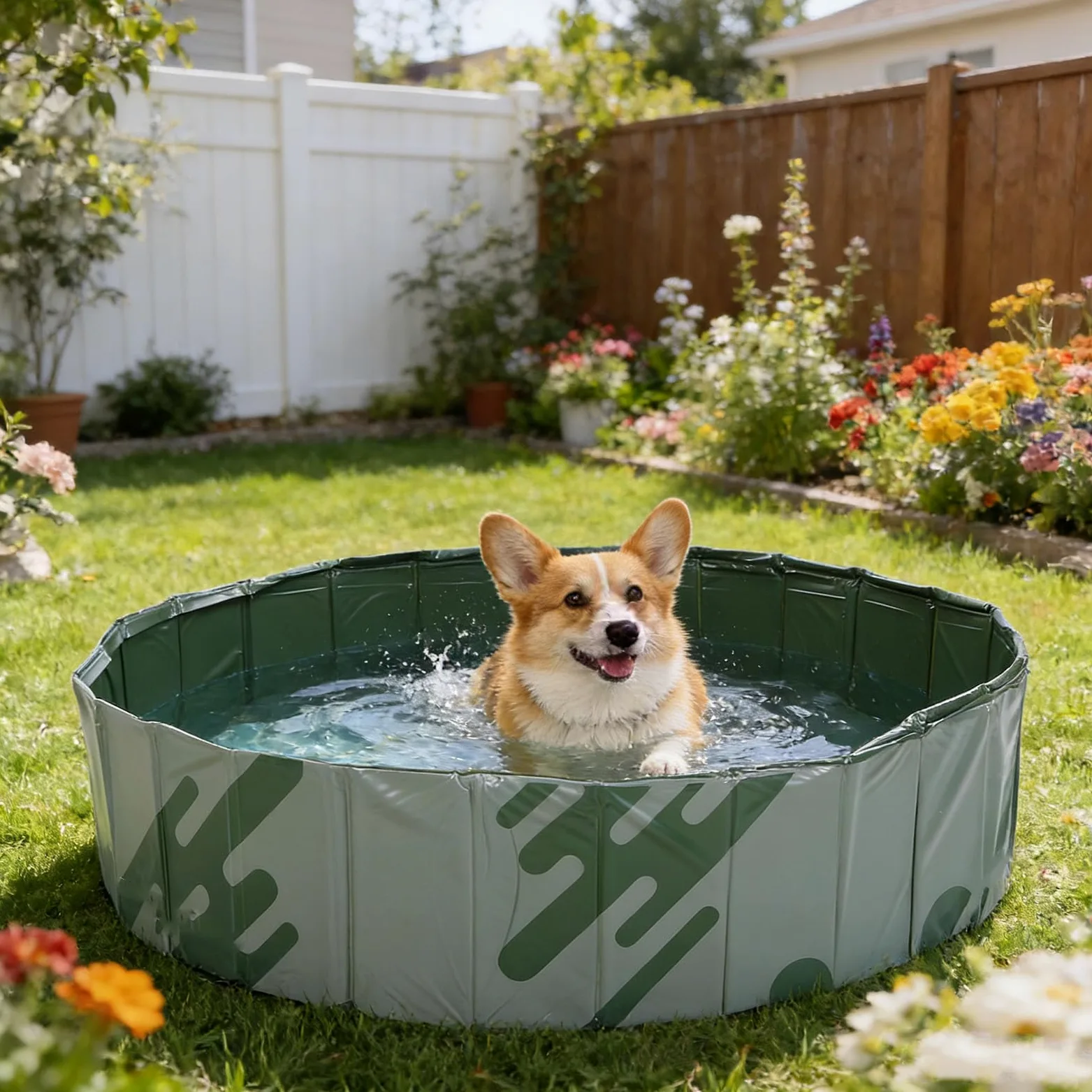 Piscina Pieghevole, Piscina All'aperto in Plastica Non Gonfiabile per Cortile, Vasca da Bagno Portatile Pieghevole per Animali Domestici per Cani, (Avventura nella Natura Selvaggia Verde)