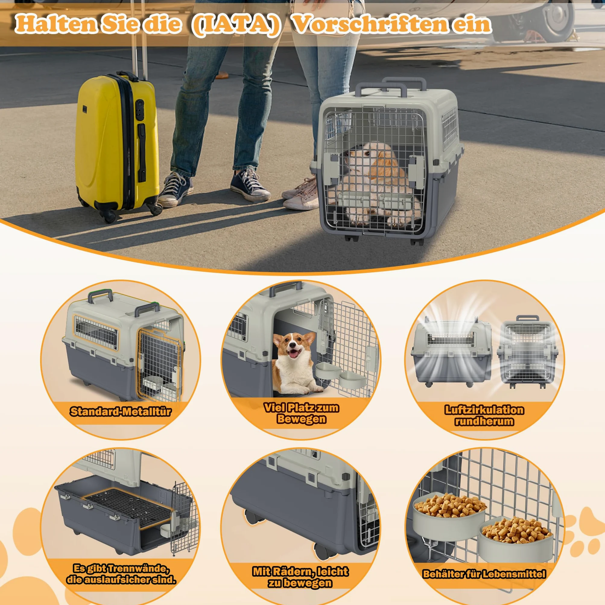 Trasportino per cani con ruote di trasporto, trasportino per gatti, in plastica, con porta di ventilazione, grande trasportino per cani (67 x 51 x 58,5 cm)