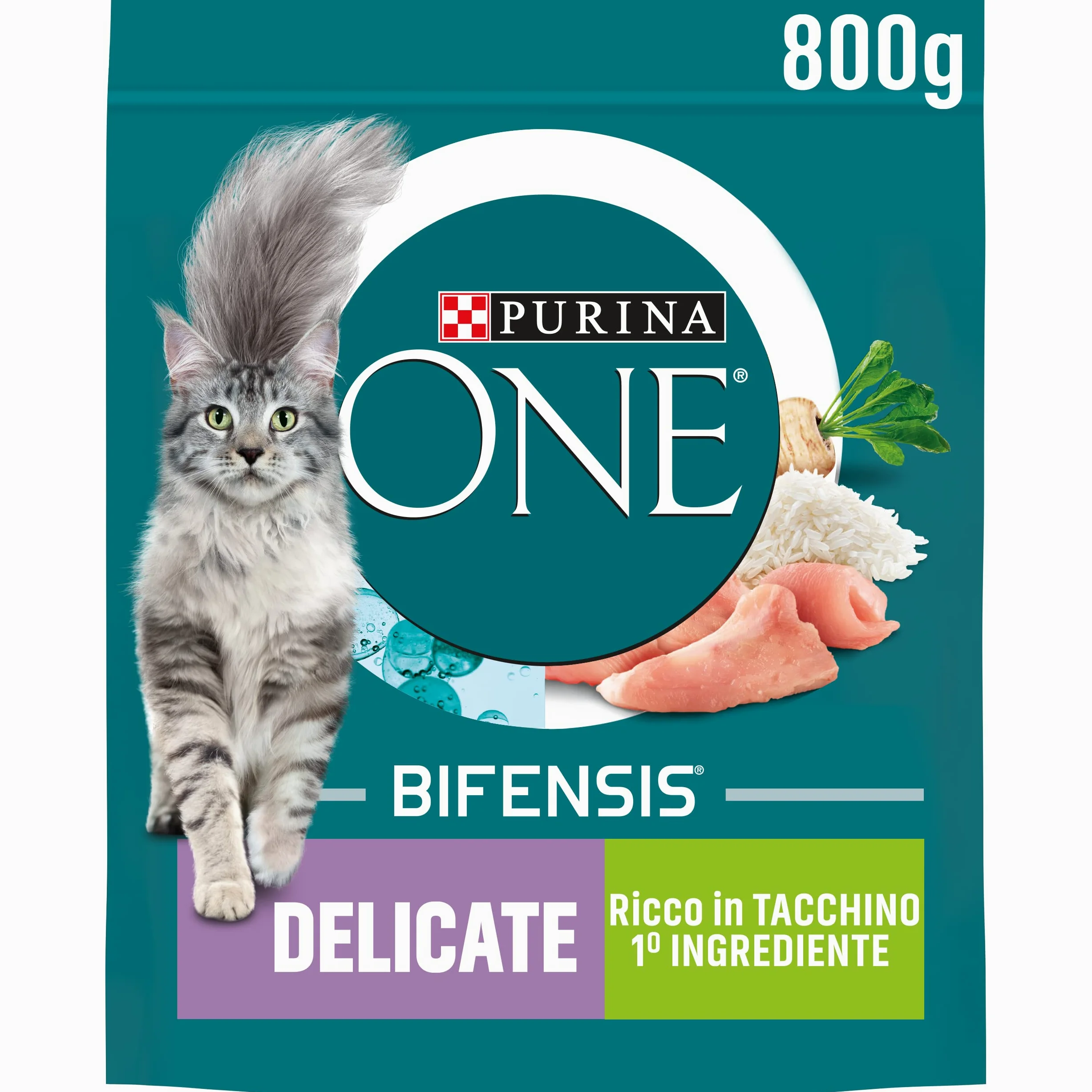 PURINA ONE Bifensis Delicate Croccantini per Gatto Adulto con Tacchino - 8 Confezioni da 800 g, Formula Nutriente per il Microbioma Intestinale e il Benessere Digestivo