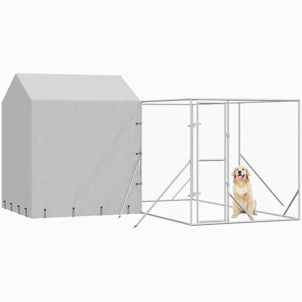 Cuccia per cani con tetto, 4 x 4 x 2,5 m, in acciaio zincato | Spazioso recinto da giardino con tetto protettivo e porta richiudibile per cani e piccoli animali all'aperto.
