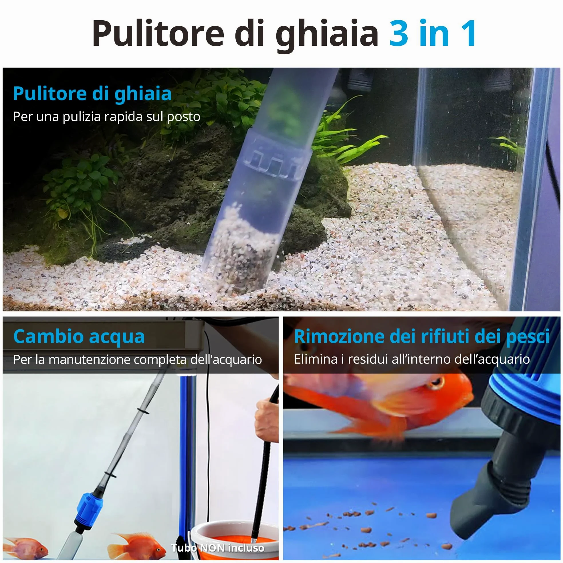 NICREW 3 in 1 Pulizia Acquario Multifunzionale, Sifone per Ghiaia con Filtro in Spugna, Aspirapolvere per Acquario Medio e Grande, 800 L/H, 16 W