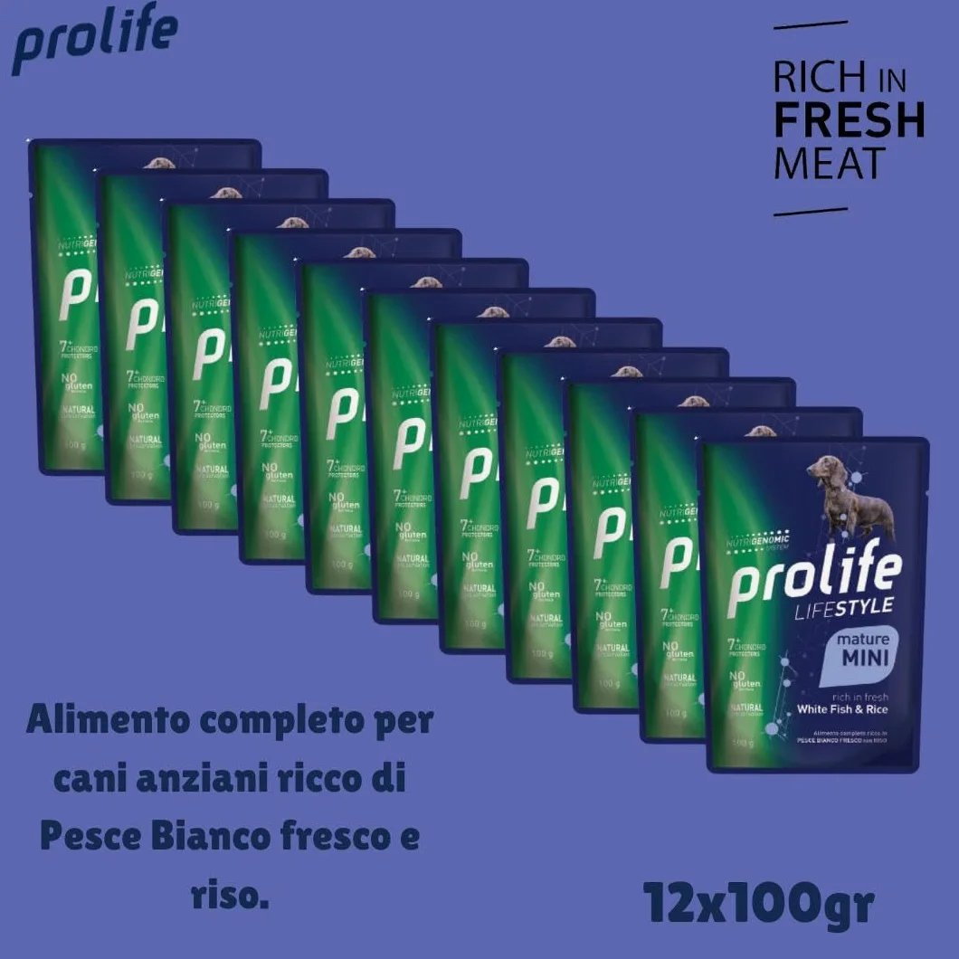 Prolife Umido Cane Mature Small Mini Lifestyle 100gr, alimento completo per cani anziani di tutte le taglie gusto PESCE BIANCO e RISO | 12 bustine da 100 grammi l’una.