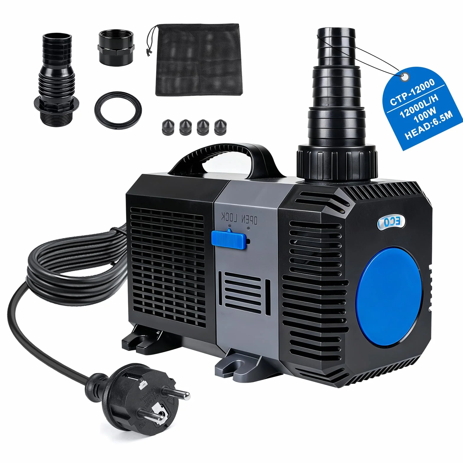 EXLECO Super Eco Pompa Acqua per Laghetto e Filtro 12000L/H 100W, Filtro a Risparmio Energetico Sommergibile Pompa per Flusso per Stagno Acquario laghetti Carpe Koi CTP-12000
