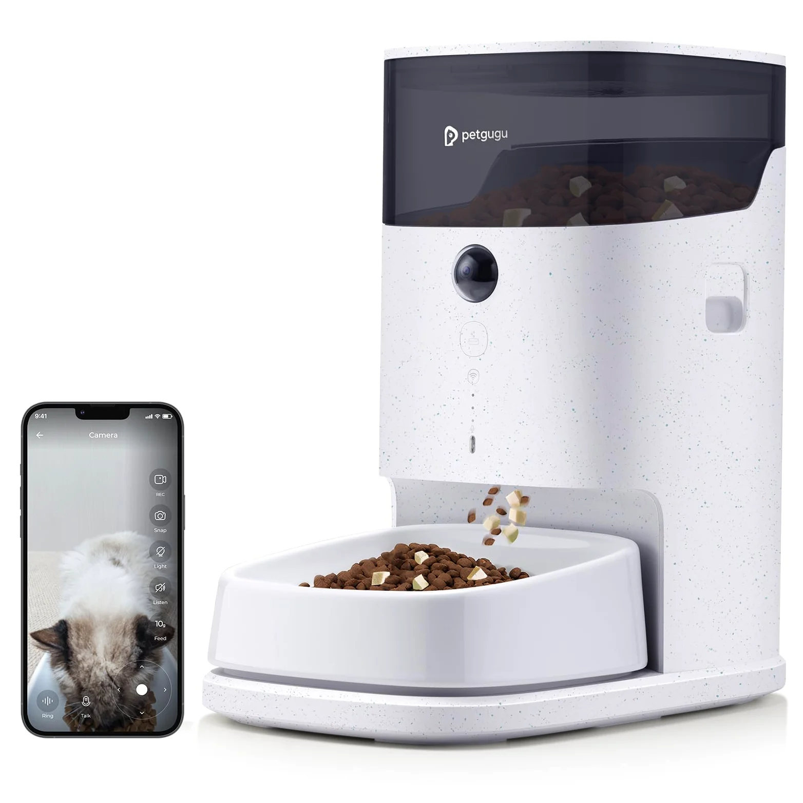 PETGUGU Distributore Automatico Cibo Gatti, Dispenser Crocchette Gatto con Timer, Distributore Smart con Controllo APP e Interazione Video/Voce, Ciotole in Ceramica Rimovibili per Gatti e Cani, PF2
