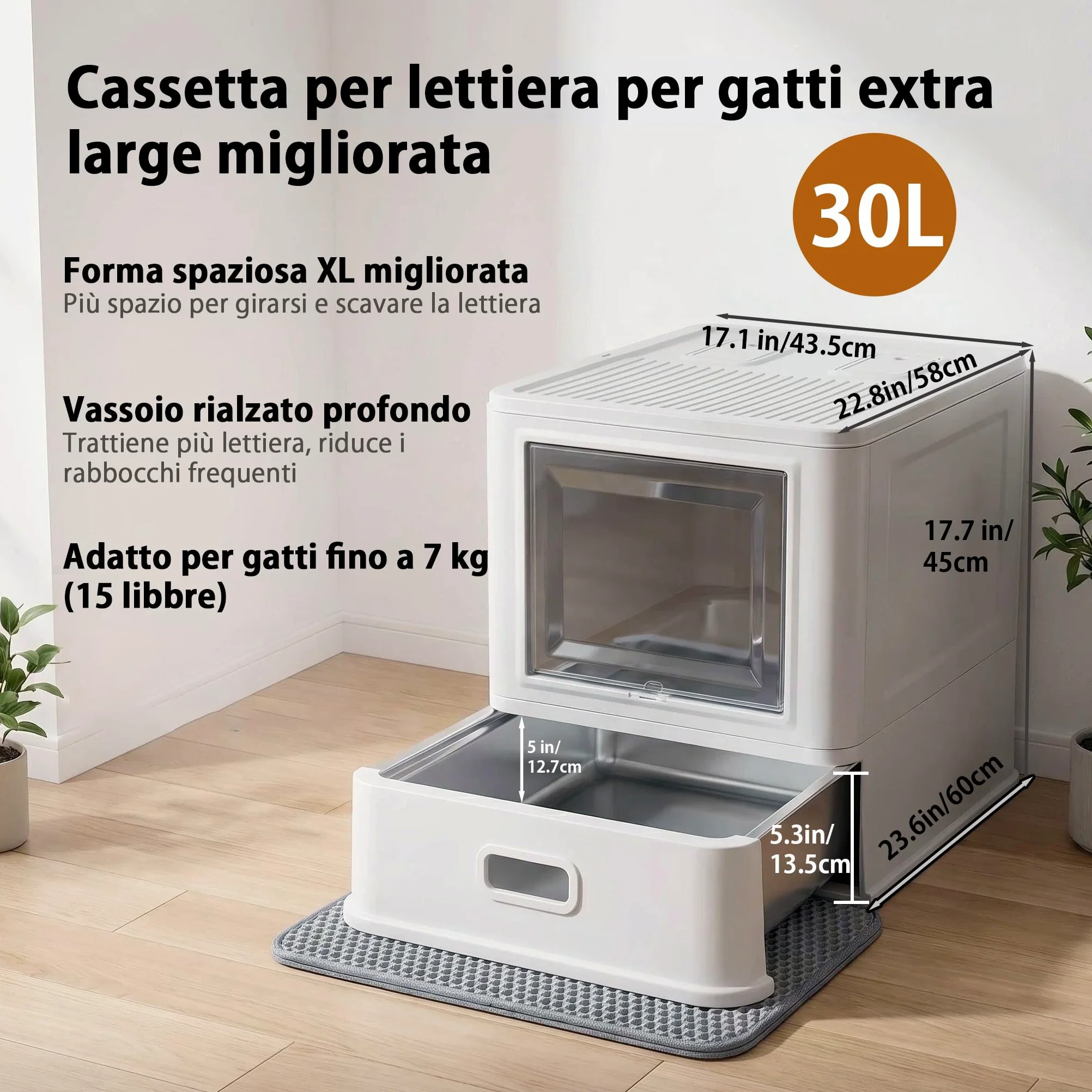 Marchul XL Lettiera per gatti grande, in acciaio inox, con coperchio e cassetto, pareti laterali alte con deflettori antispruzzo, vassoio più profondo con paletta e tappetino, inodore