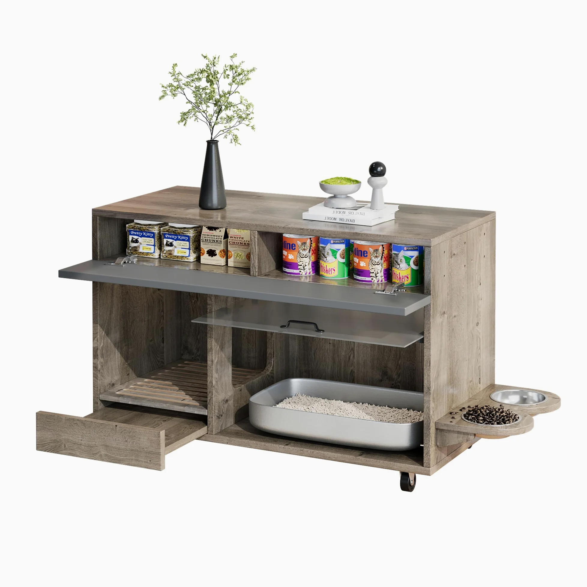 REXO Lettiera mobile per gatti con piatto per cibo per gatti, vassoio di raccolta della sabbia, piastra forata con gancio, senza lettiera per gatti, 100 × 45,5 × 67 cm, grigio antico e marrone, colore