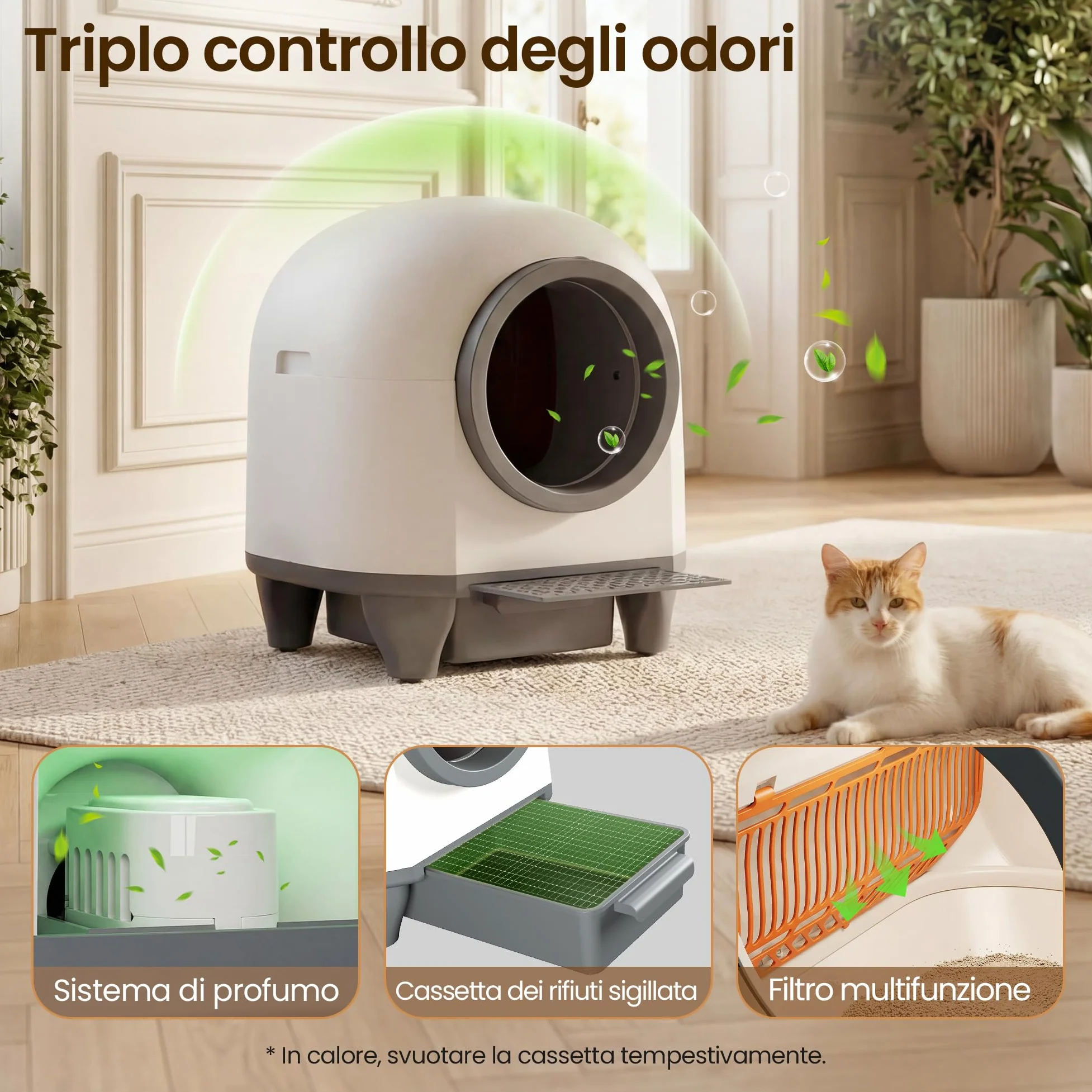 Lettiera Gatto Autopulente con APP, Lettiera Autopulente per Gatti da 90 L con Cassetto Feci da 8,5 L per Oltre una Settimana, Sistema Profumato e Sensore Radar, Adatta a Famiglie con Più Gatti.