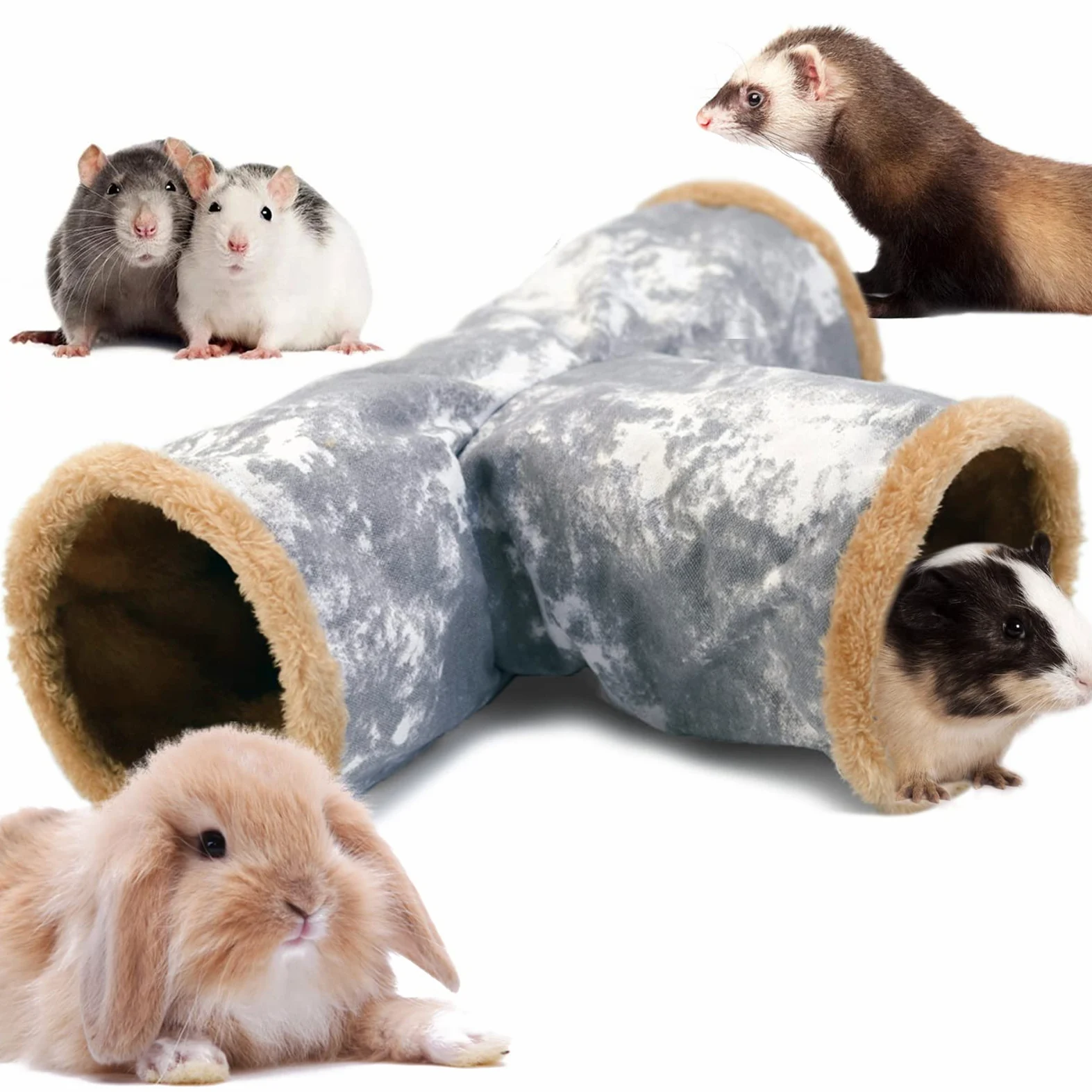LeerKing 3 Vie Tunnel per Criceti Gioco Piccoli Animali Nascondiglio Pieghevole Caverne Gabbie Accessori Tela Lavabile Coniglio Cavia Furetti Ratti Cincillà Grigio L