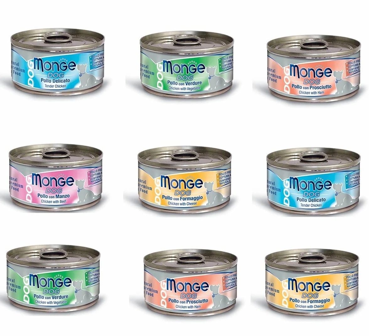 24 Lattine da 95g Monge Dog Cibo Umido Per Cani Pollo Formaggio Prosciutto Verdure