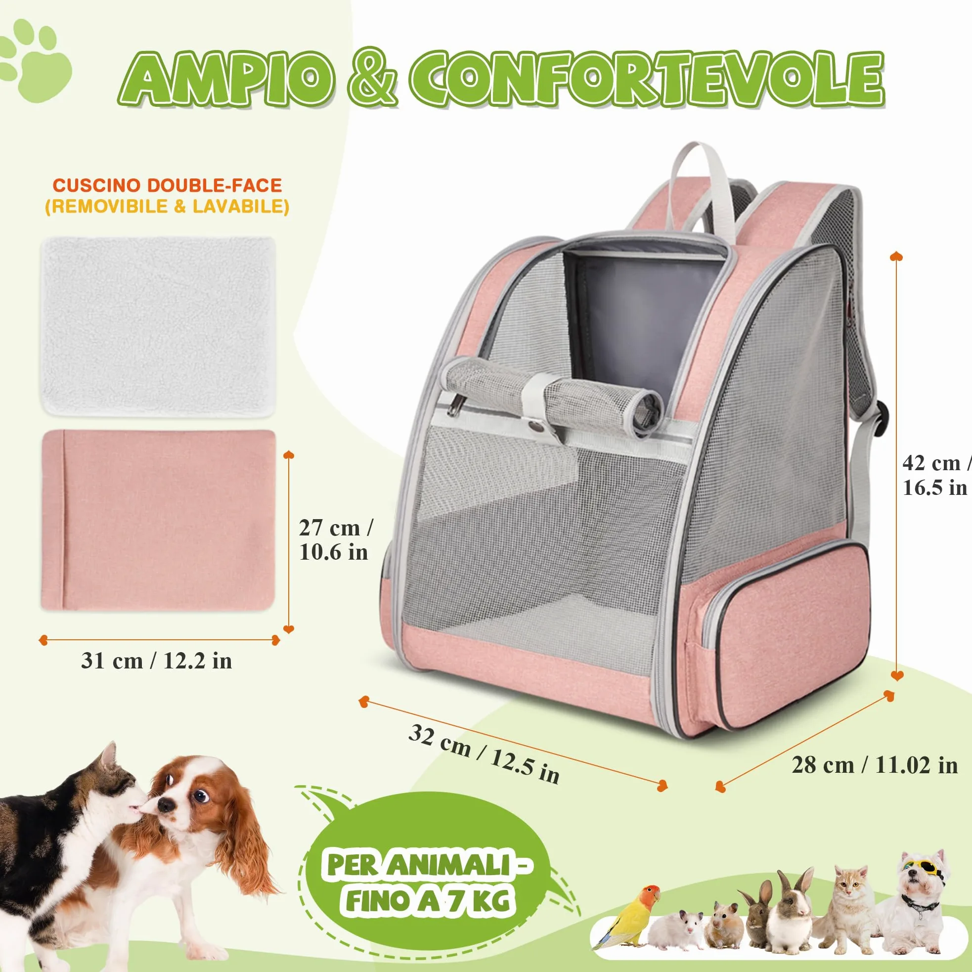 ALLSOPETS Zaino Trasportino per Cani Gatti Zaino per Cani Traspirante Zaino Pieghevole per Gatti e Cuccioli con Cinghie di Sicurezza Ideale per Viaggi Escursioni e All'aperto (Rosa Nebbia)