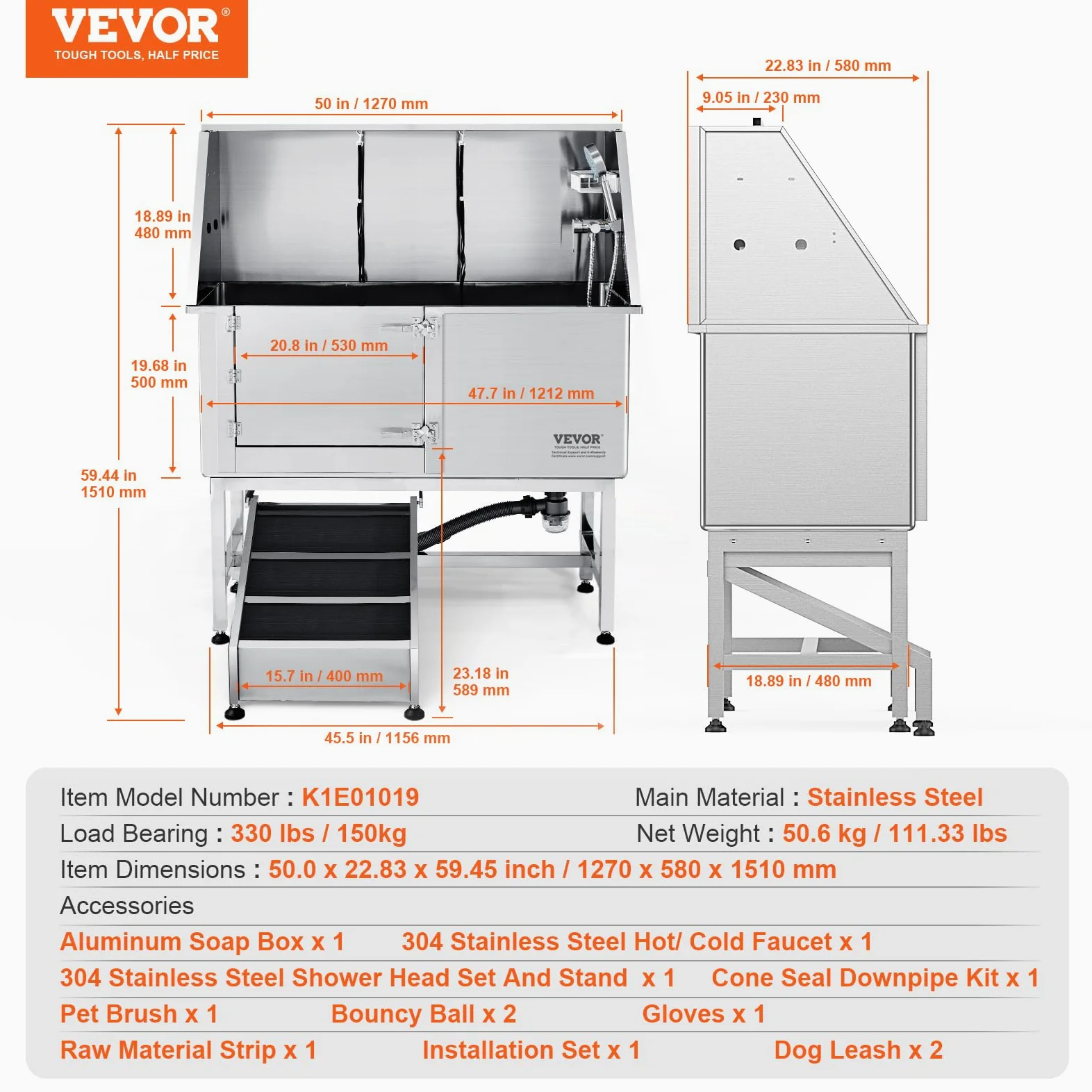 VEVOR Vasca da Bagno per Cani Animali Vasca di Doccia per Animali Domestici in Acciaio Inox con Rampa Lunghezza max.127 cm Carico max. circa 150 kg, Vasca Doccia per Toelettatura per Cani con Rampa