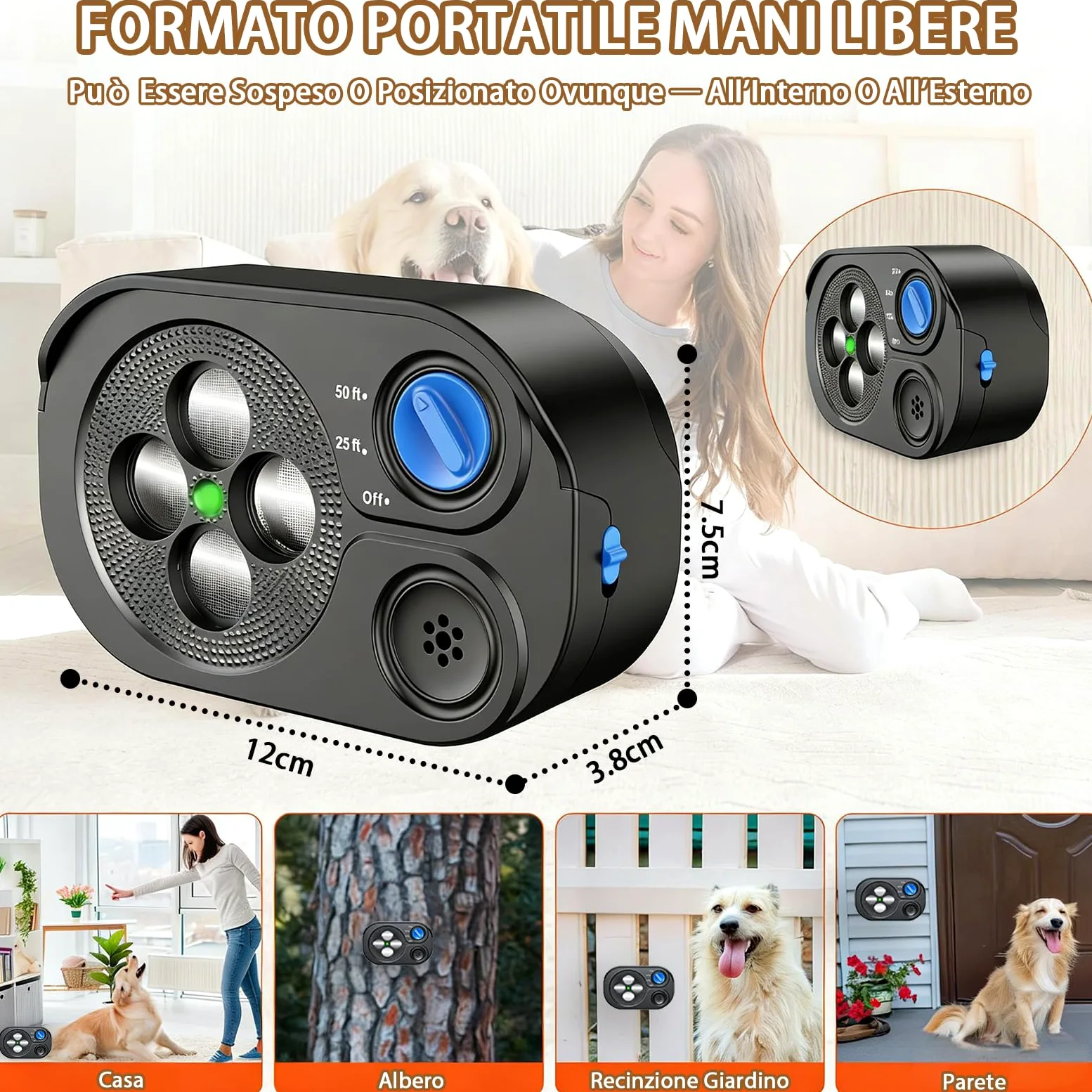 Dispositivo Anti-Abbaio, Deterrente Ultrasuoni per Abbaiare Cane 3 Aodalità, 23 m Stop Abbaiare Cane, Tappo Corteccia Sonico Interni Esterni, Dispositivi Anti Abbaio, IP65 Ricaricabile