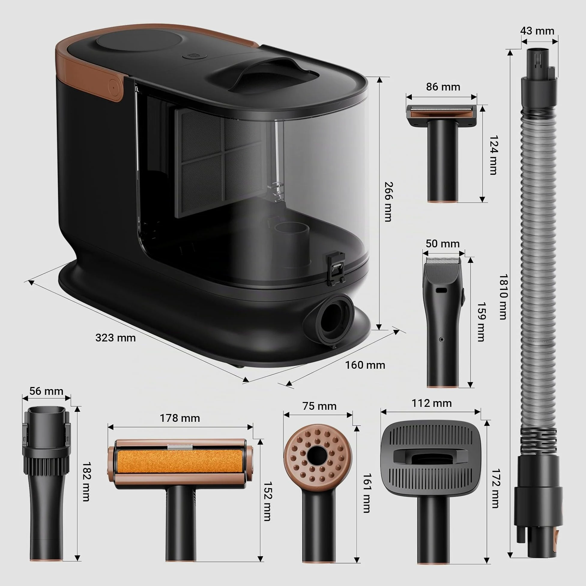 Fudajo Set per toelettatura di animali domestici 6 in 1, aspira peli per cani e gatti, tosatrice per cani, con accessori per la cura del pelo, colore nero