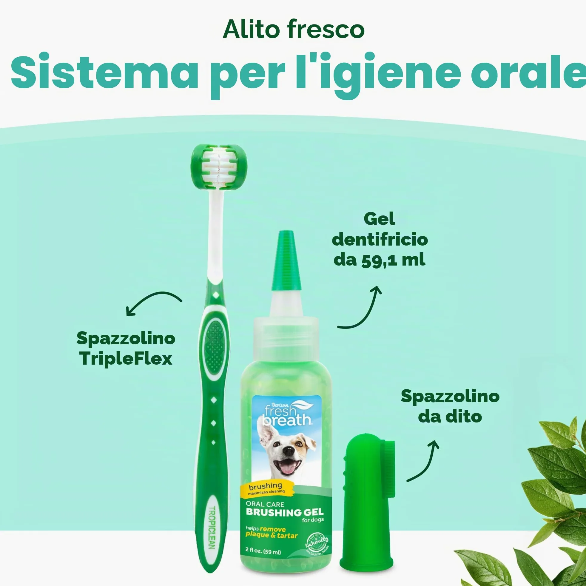 TropiClean Fresh Breath Puppy, kit per l'igiene orale, deodorante per l'alito, kit completo di spazzolini da denti per cani per cuccioli, aiuta a rimuovere placca e tartaro, per cuccioli, 59 ml (la confezione può variare)