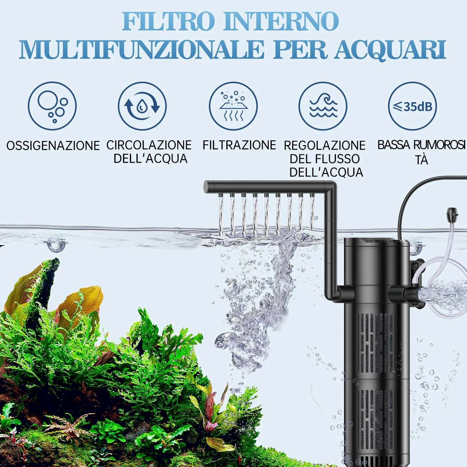 Filtro Acquario Interno, 12W Flusso Regolabile Filtro per Acquario 800 L/H, Pompa Acquario per Acquari da 30 a 200L
