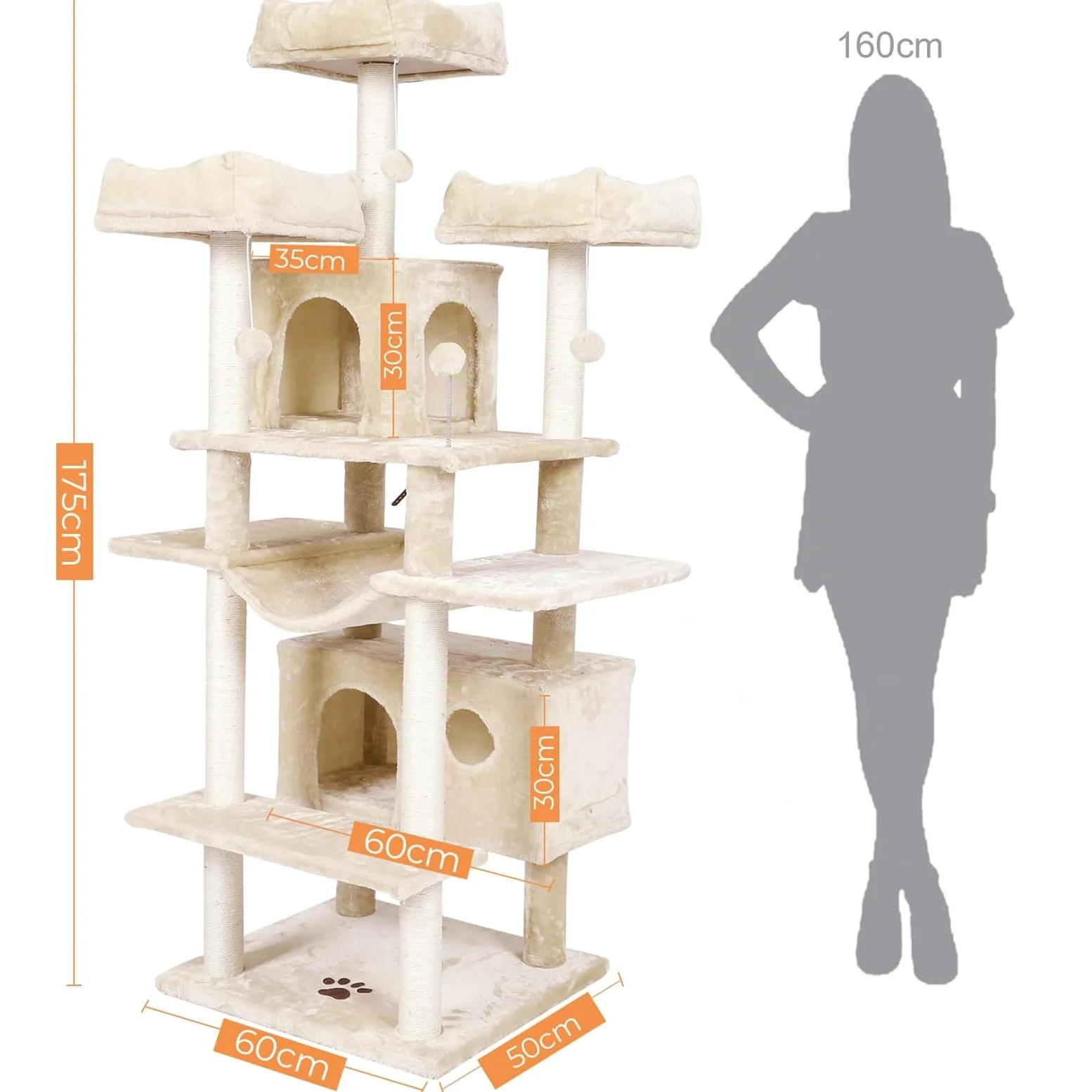 MSmask, Tiragraffi grande, in formato XXL, 175 cm, stabile, con 3 grandi piattaforme di osservazione, per gatti di grandi dimensioni, elementi tiragraffi in sisal (beige)