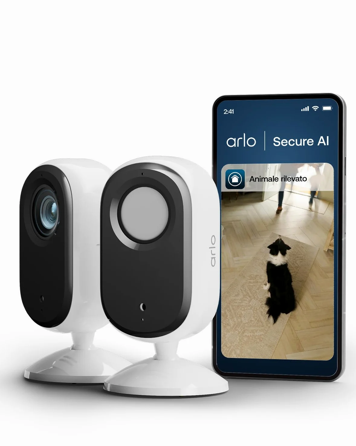 Arlo Essential 3 Indoor Telecamera per Cani/Bambini HD, Sirena Allarme Casa, Sensore Di Movimento, Visione Notturna, Prova Inclusa Secure, con copriobiettivo automatico, 2 Telecamere, Bianche