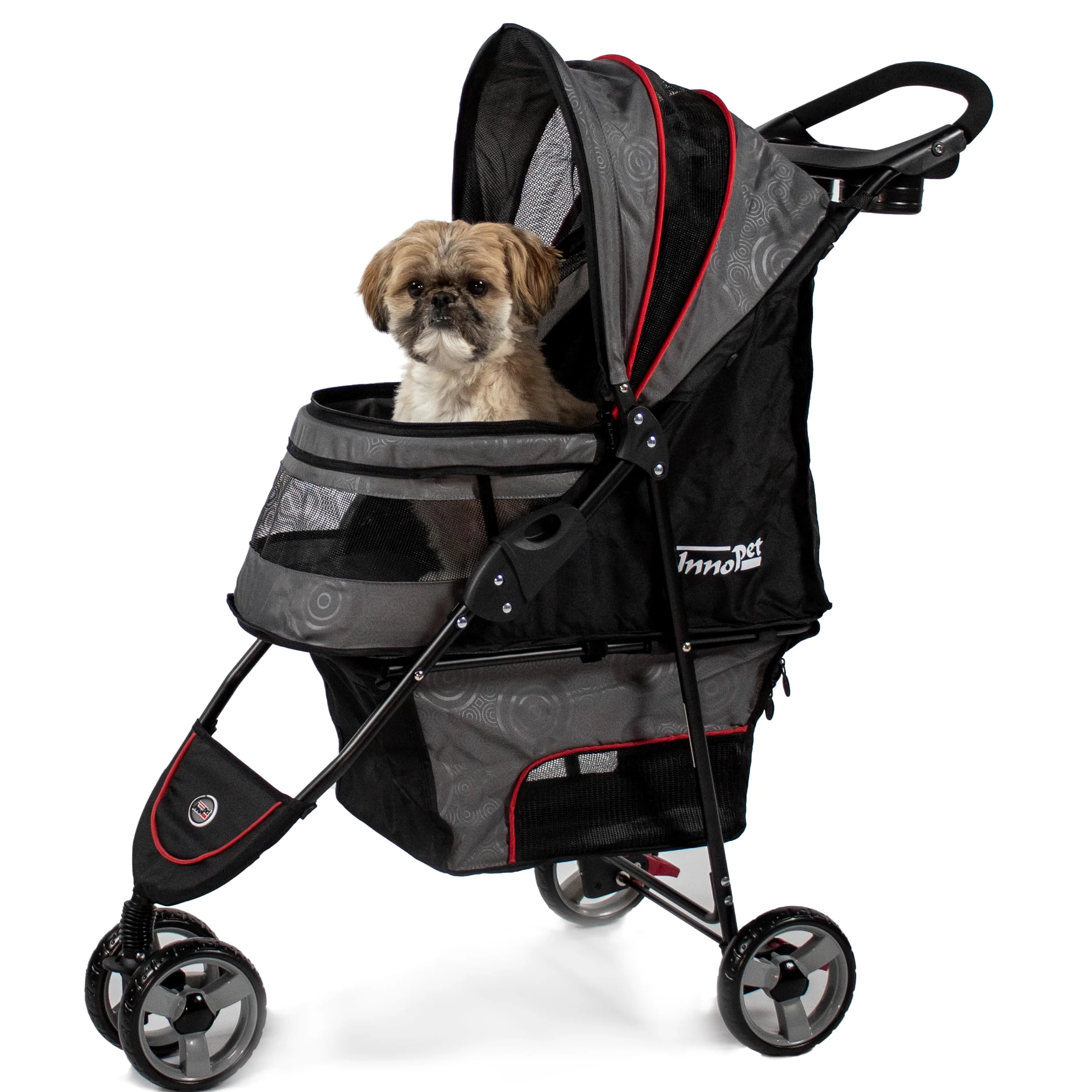 Passeggino leggero Innopet Avenue per cani e gatti, grigio/rosso - Passeggino urbano compatto per animali domestici con copertura antipioggia, cinture di sicurezza e cestino portaoggetti
