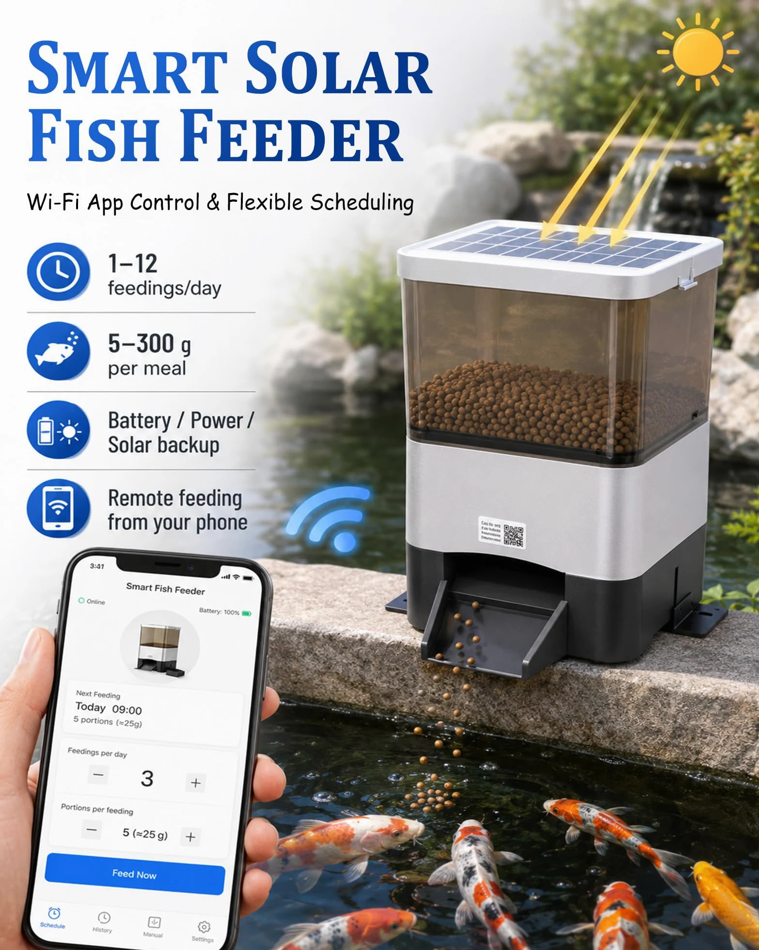 Alimentatore Automatico per Pesci da Laghetto con capacità 4L(10L), Alimentazione Solare E CA, Controllo Telefono/Pannello, Antiumidità, Timer Vacanza per Koi E Outdoor Black-4L