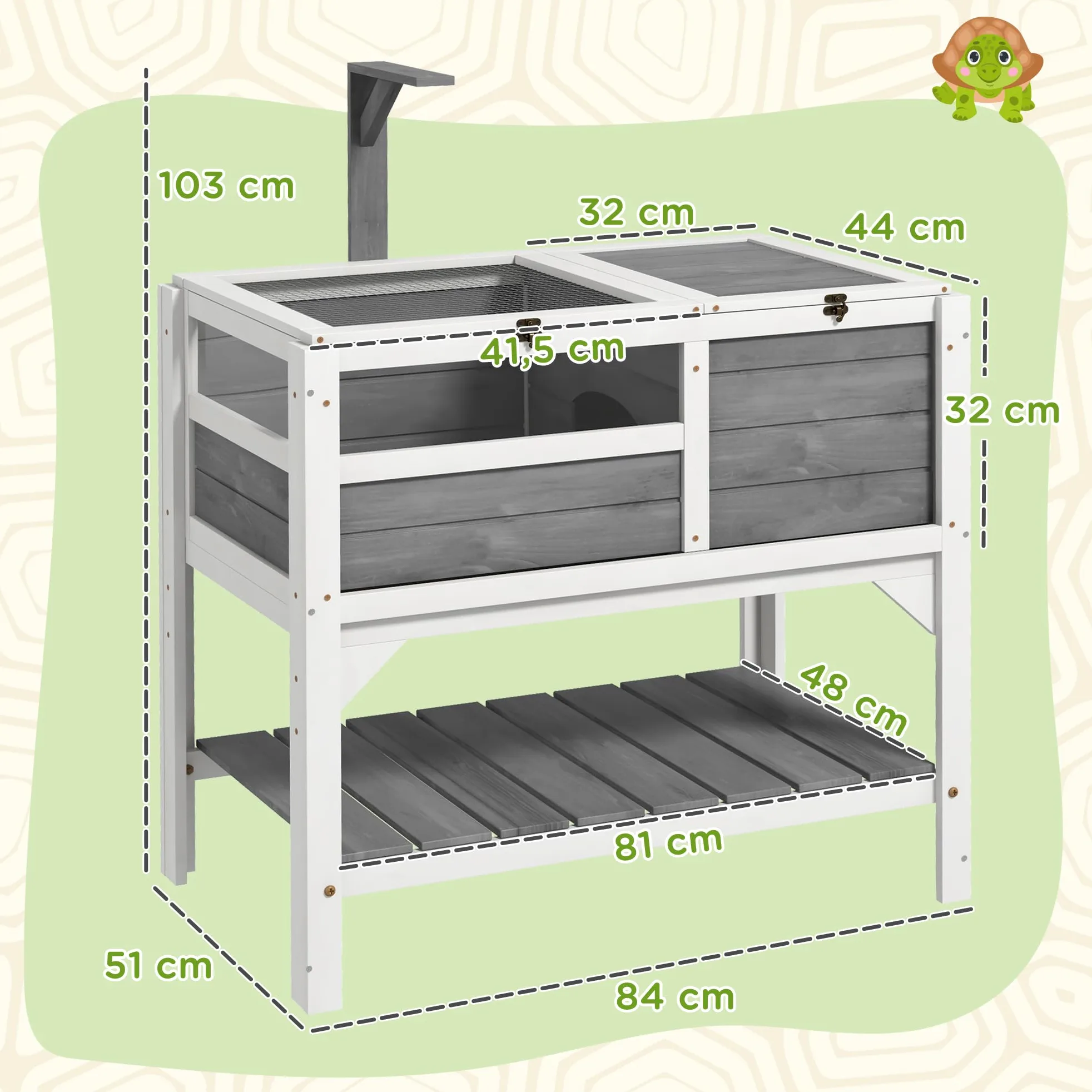 PawHut Recinto per tartarughe su gambe con ripiano portaoggetti - legno d'abete - interno ed esterno - dim. 103H x 84L x 51W cm grigio chiaro