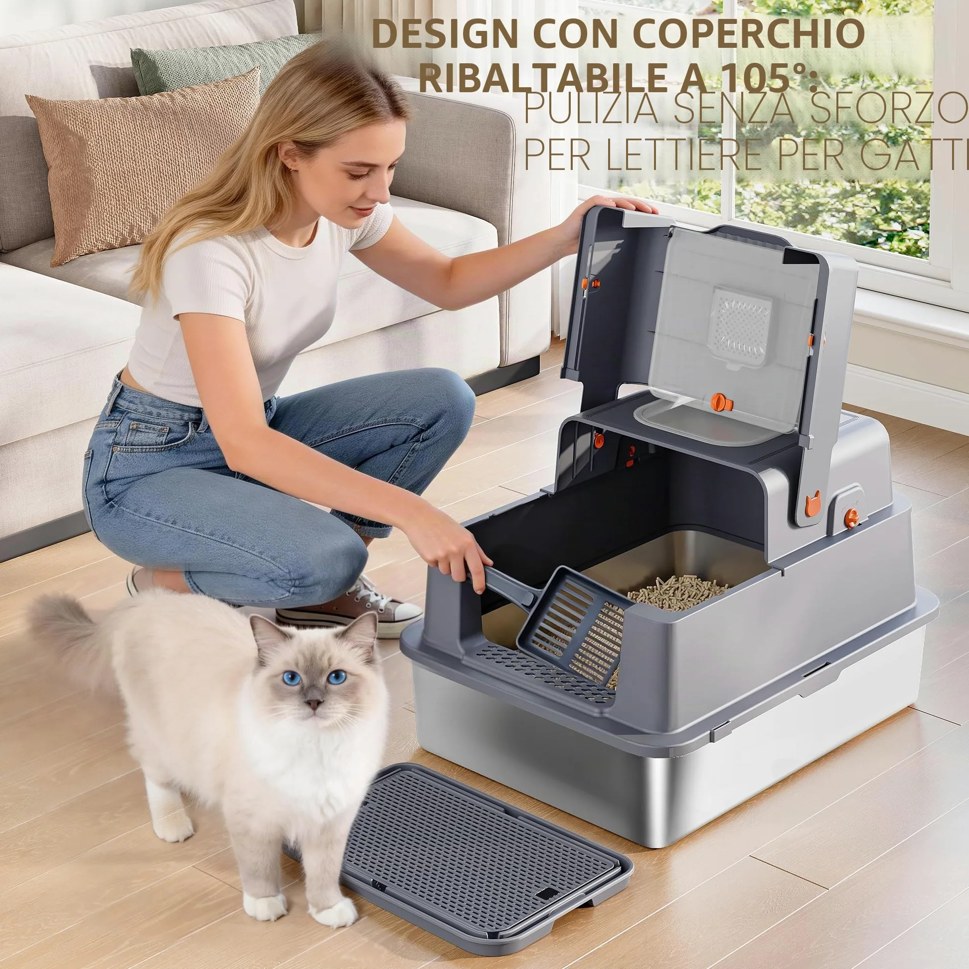 Lettiera Acciaio Inossidabile con Coperchio, XXXL Lettiera Gatto Chiusa, 70 x 50 x 42 cm, 105° coperchio incernierato, Include Pedale e Paletta, Design Modulare, Due Porte, Grigio Scuro