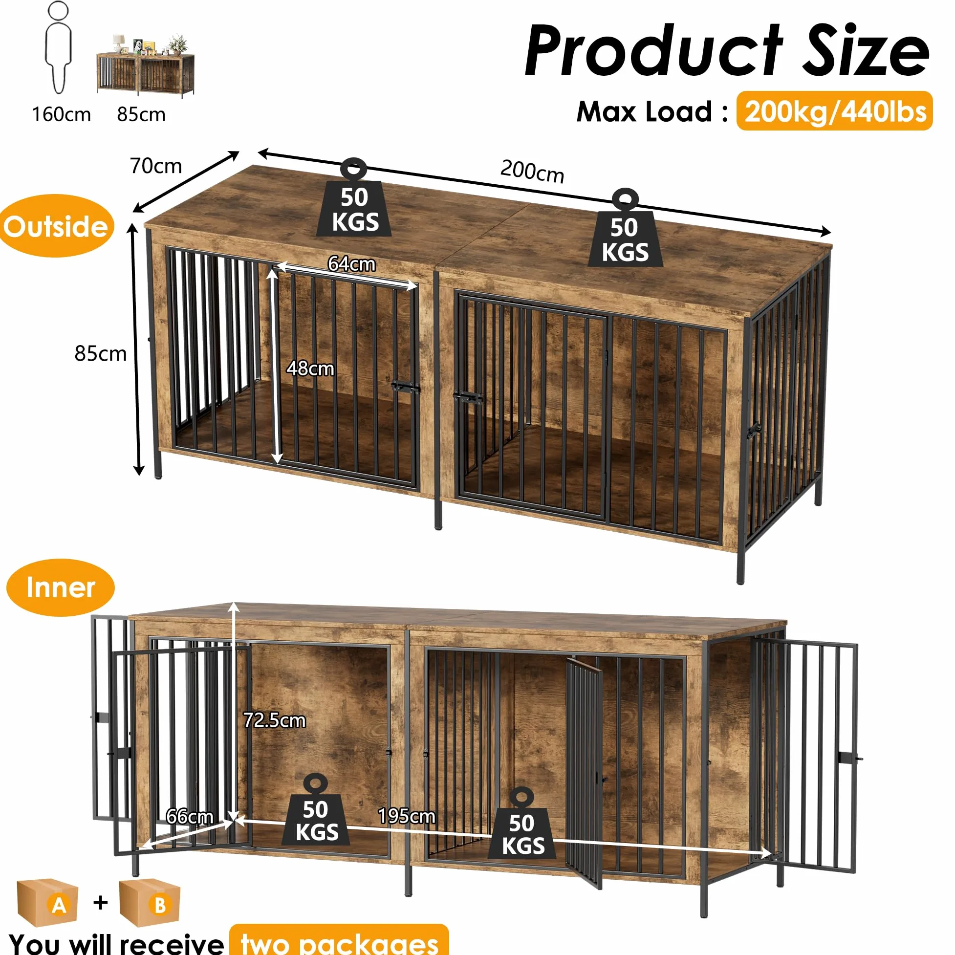 Gabbia per Cani Kennel,200CM Casetta per Cani da Interno,Gabbietta per Animali in Metallo e Legno,Tavolo Supplement,XXL Cuccia Robusta per Dog con Divisorio,Casetta per Animali,4 Porte,Fino a 100KG