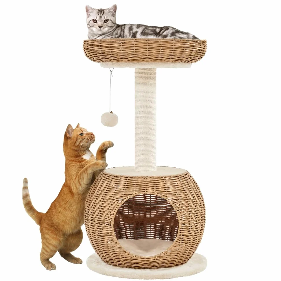 Yaheetech Tiragraffi per Gatti Albero per Gatti in Rattan Intrecciato Trespolo Cuccia per Gatti con Pallina Gioco Altezza 75cm Beige