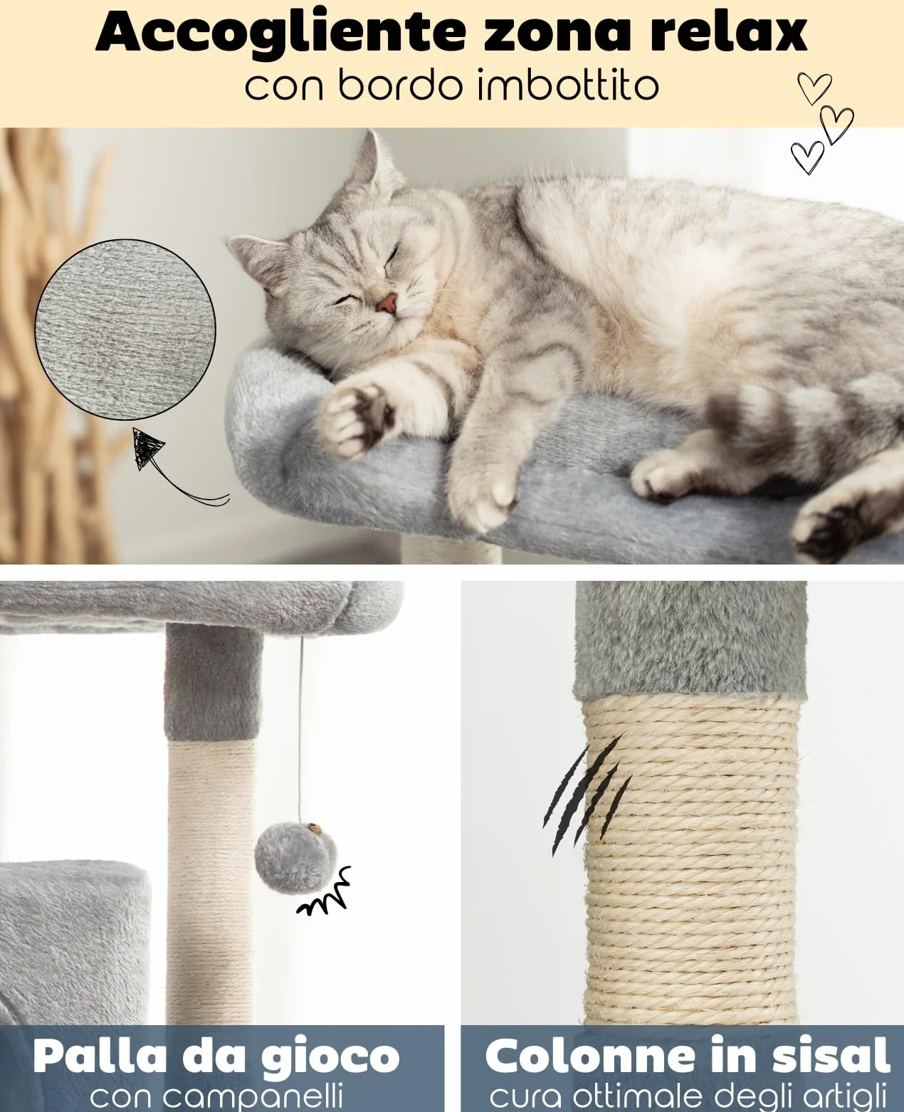 lionto Tiragraffi per Gatto Albero Tiragraffi Gatto Gioco Giocattolo Gatti Altezza 80 cm, Grigio Chiaro