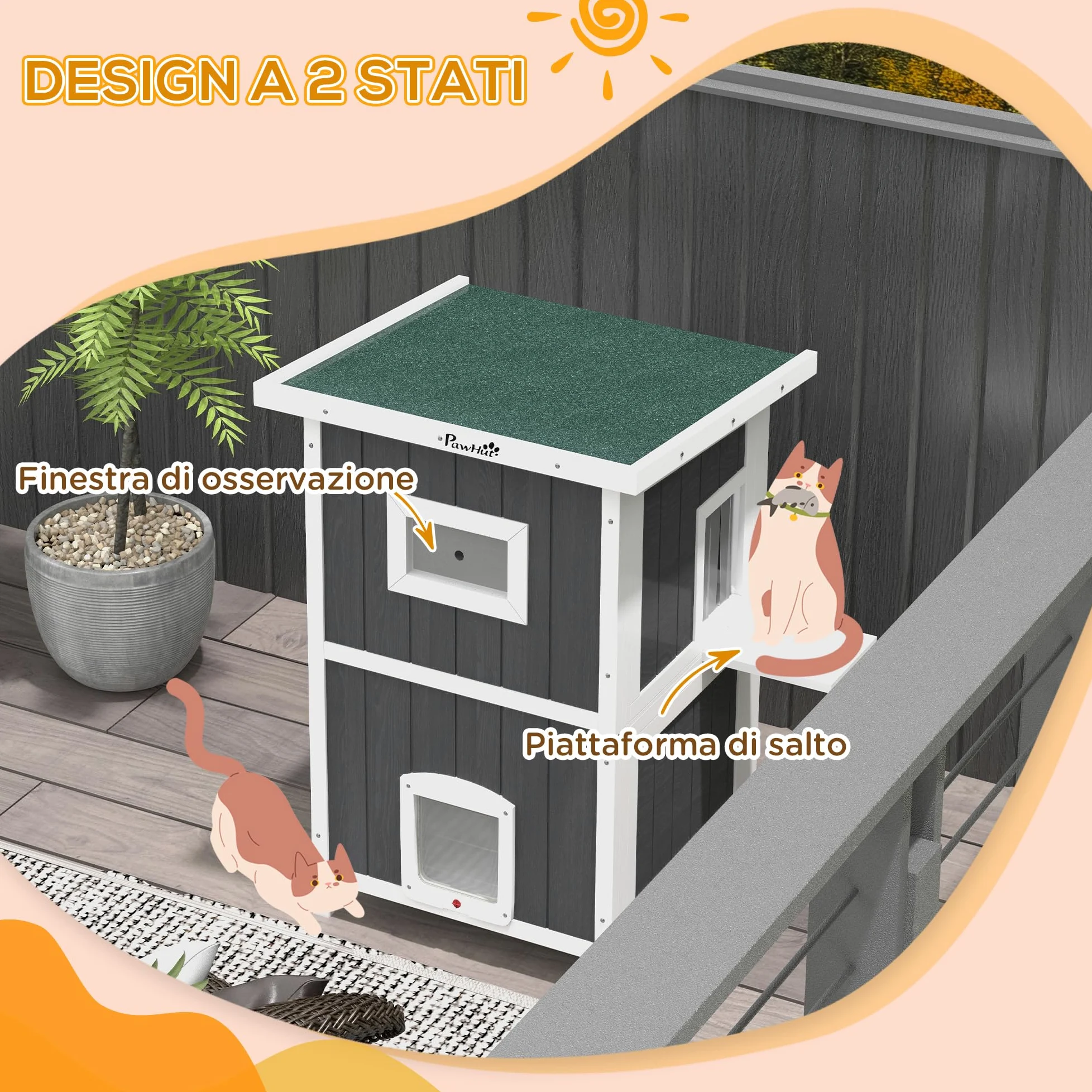 PawHut Cuccia Gatto Esterno in Legno di Abete a 2 Piani, Casetta per Gatti da Esterno con Tetto Apribile e Impermeabile, 60x60x90.5cm