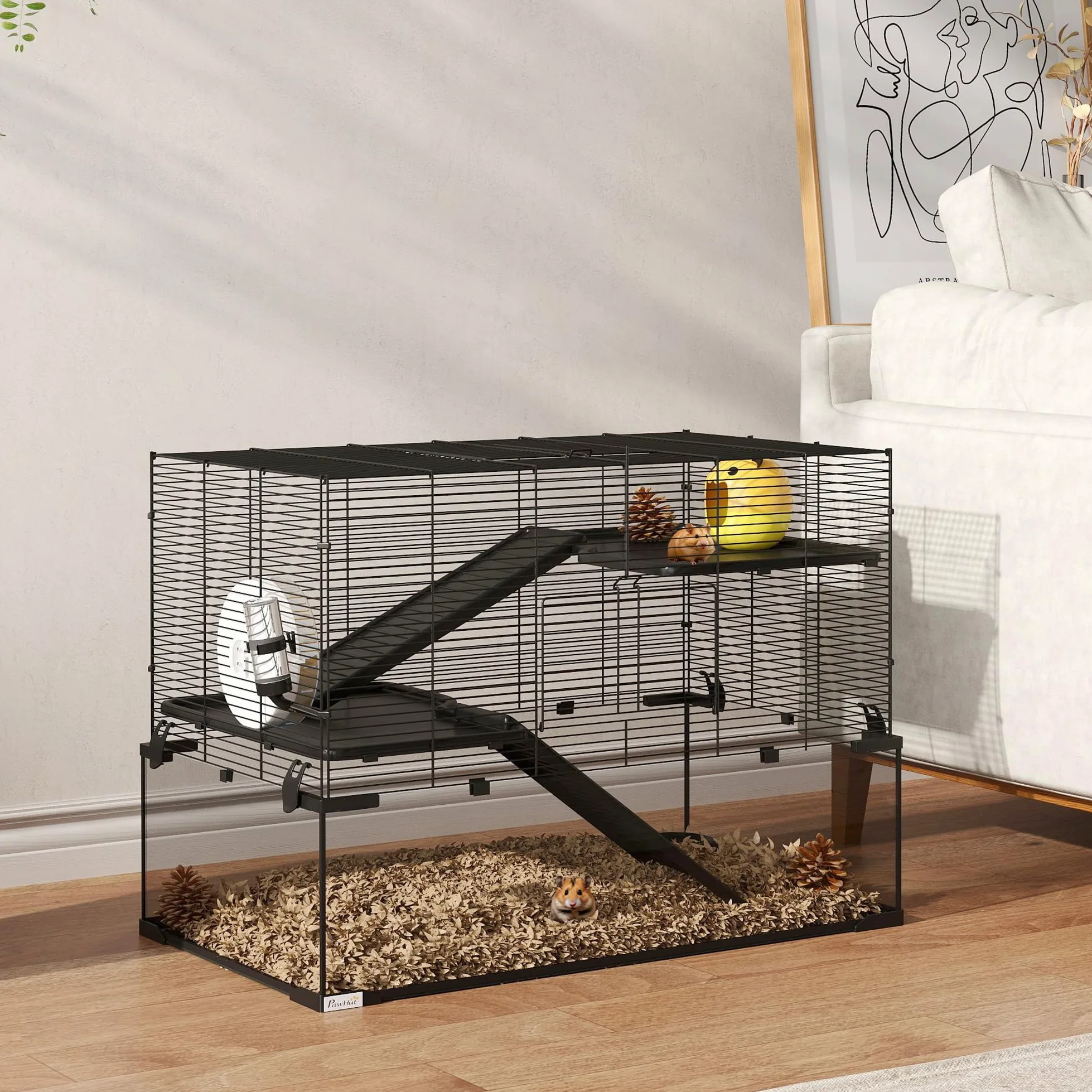 PawHut Gabbia per Criceti, Gabbietta per Criceti, Gerbilli e Piccoli Animali in Filo d'acciaio e Vetro con Ruota, Piattaforme, Rampe, Base Rimovibile, Beverino e Mangiatoia, 76.5x48.5x54.5 cm, Nero