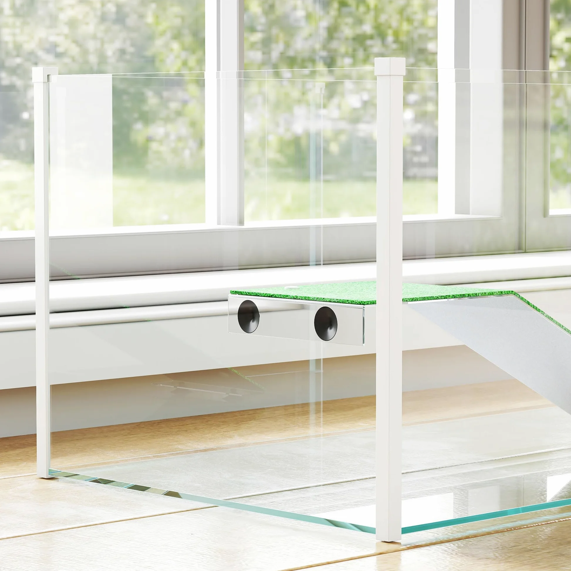 PawHut Acquario per tartarughe, terrario per tartarughe con piattaforma e rampa con superficie in erba artificiale, vista panoramica a 360°, per piccoli pesci, gamberetti, 60x35x28 cm, bianco
