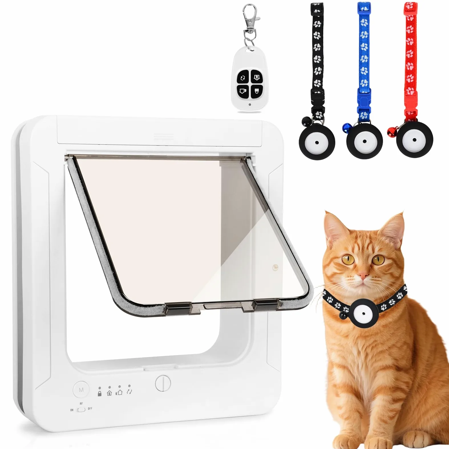 Gattaiola per Gatti Con Microchip, 3 Chiavi Con Sensore a Collare e 1 Telecomando, Porta per Gatti Con Chiusura a 4 Vie e Sensore a Collare RFID (Bianco)