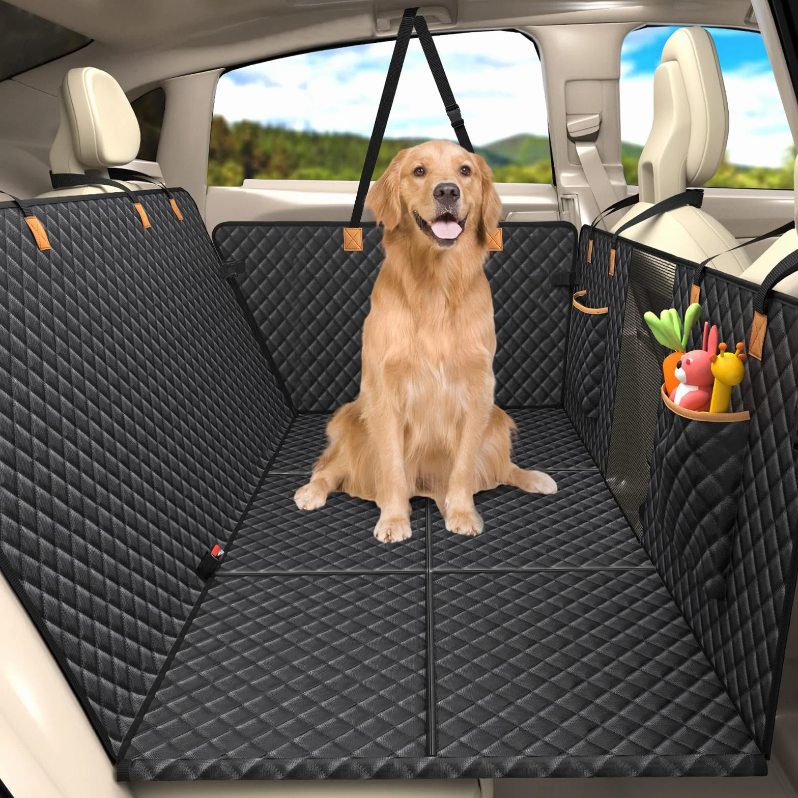 Lekeinchi Coprisedile Auto per Cani, Estensore Telo Auto per Cani Sedile Posteriore con 6 Tavole in Legno Duro e Cinture di Sicurezza, Impermeabile, Antigraffio per Auto, SUV, Nero