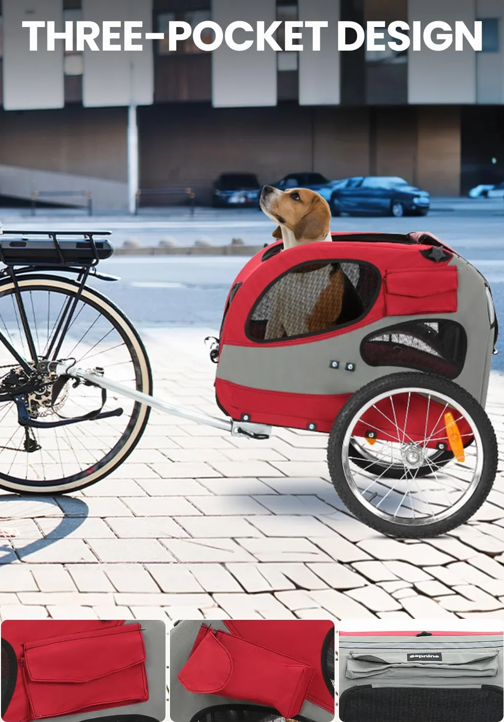 Sepnine Rimorchio per bicicletta per cani – Pieghevole con riflettori di sicurezza, borsa portaoggetti, imbottitura integrata e corde di sicurezza, portata massima
